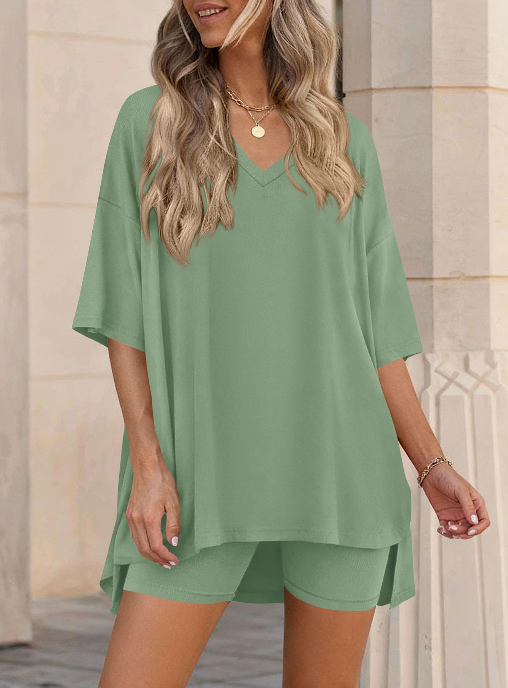 Womens 2 Piece Outfit Lounge Short Sets,Bean Green,S
