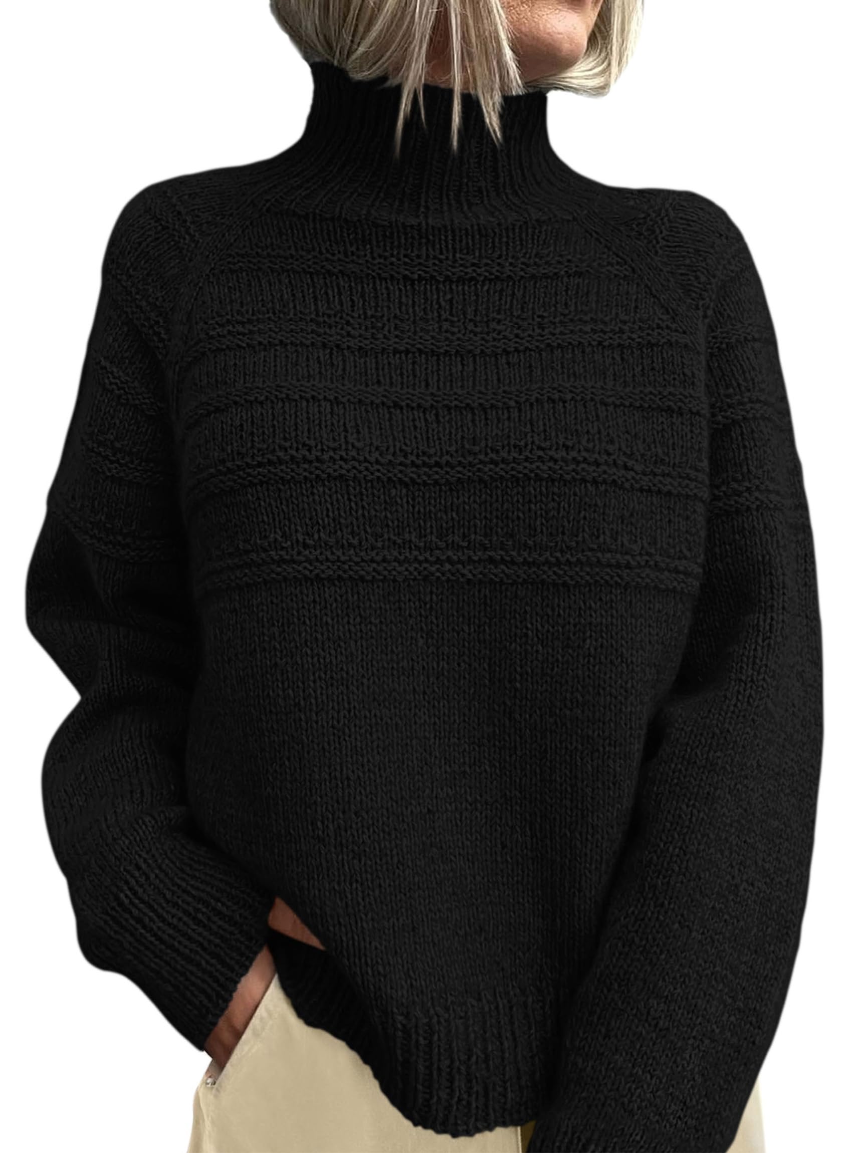Women's Chunky Knit Mock Neck Pullover Sweaters,Black,S