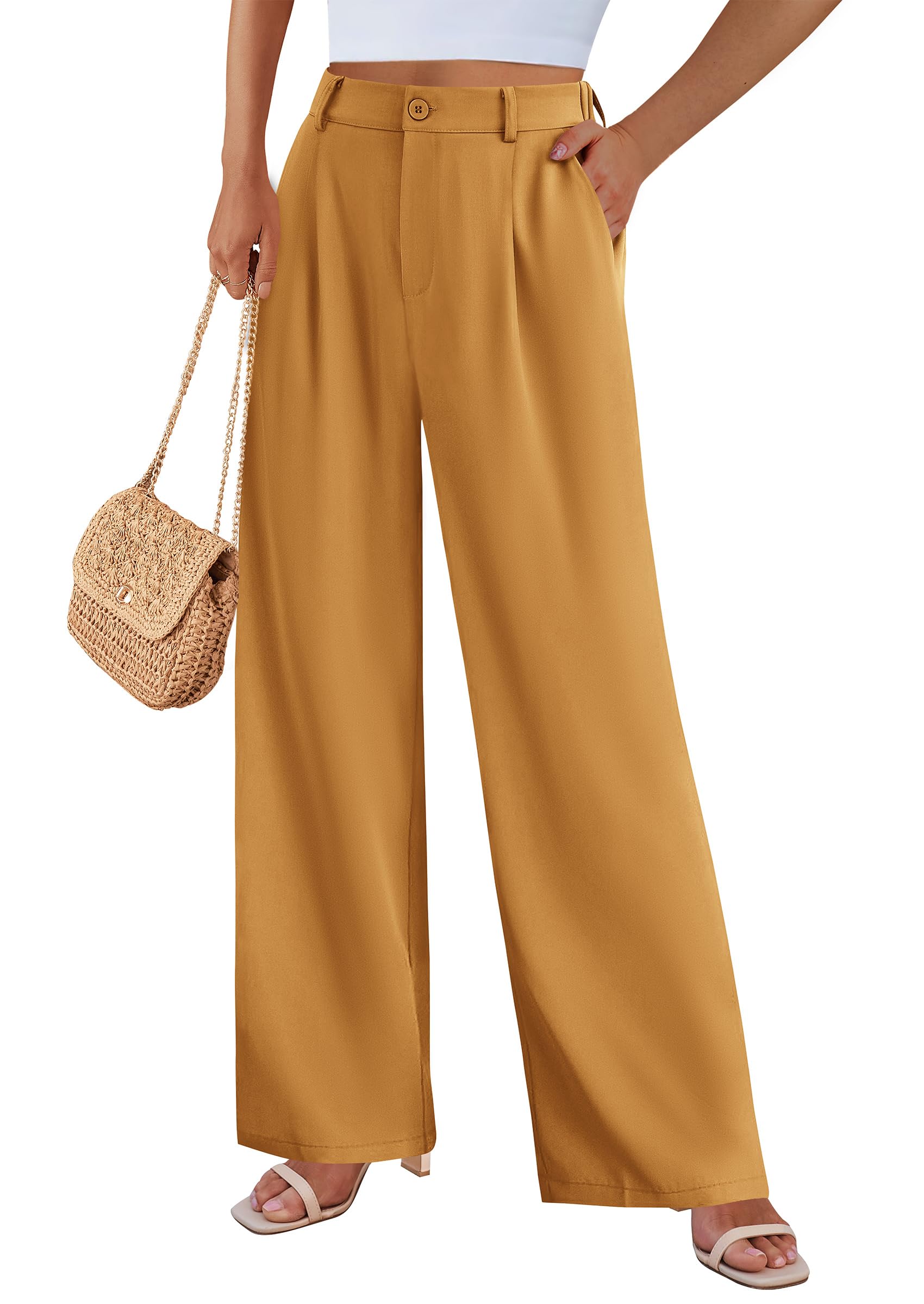 Women's Flowy Wide Leg Dress Pants,Brown Yellow,S