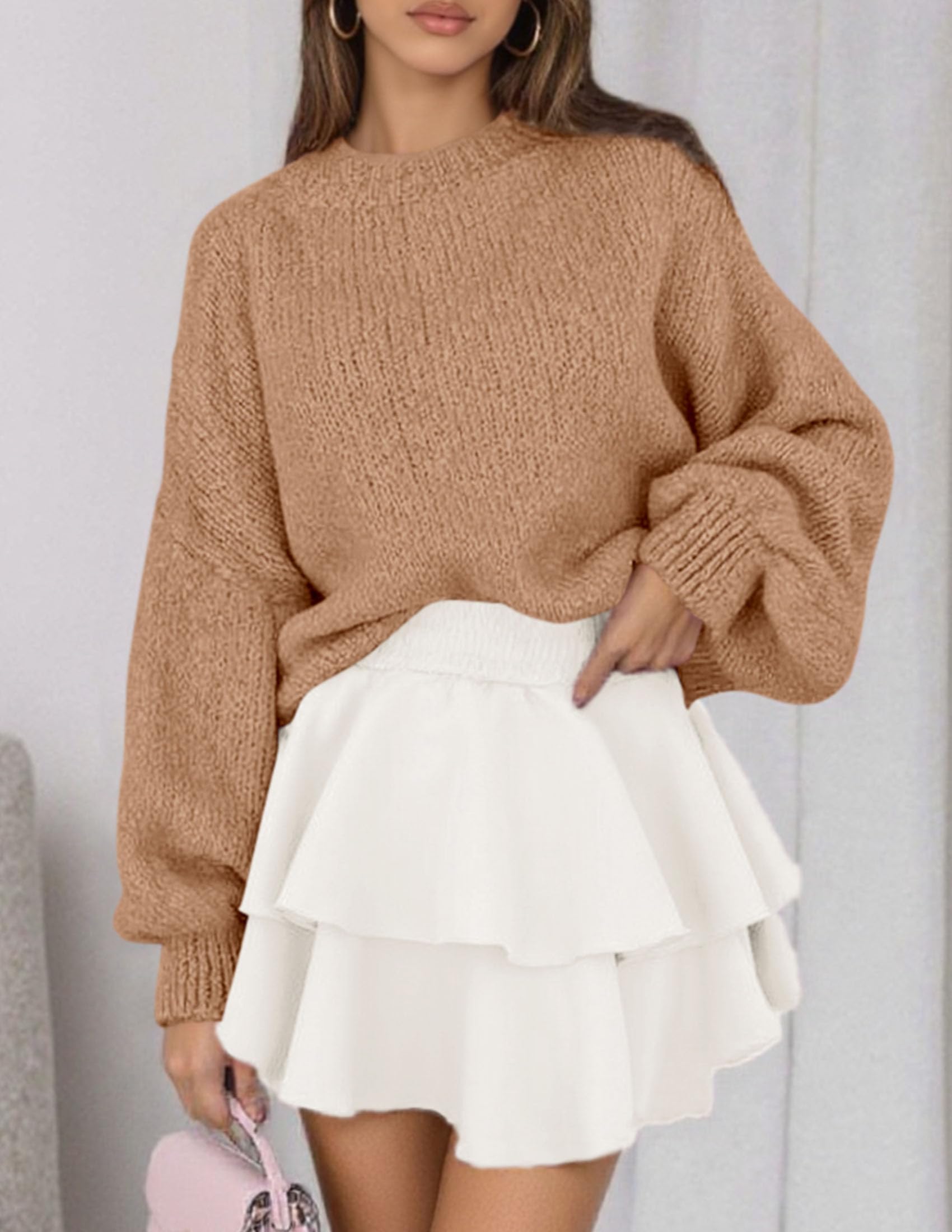 Women's Chunky Knit Oversized Pullover Sweaters,Khaki,XL