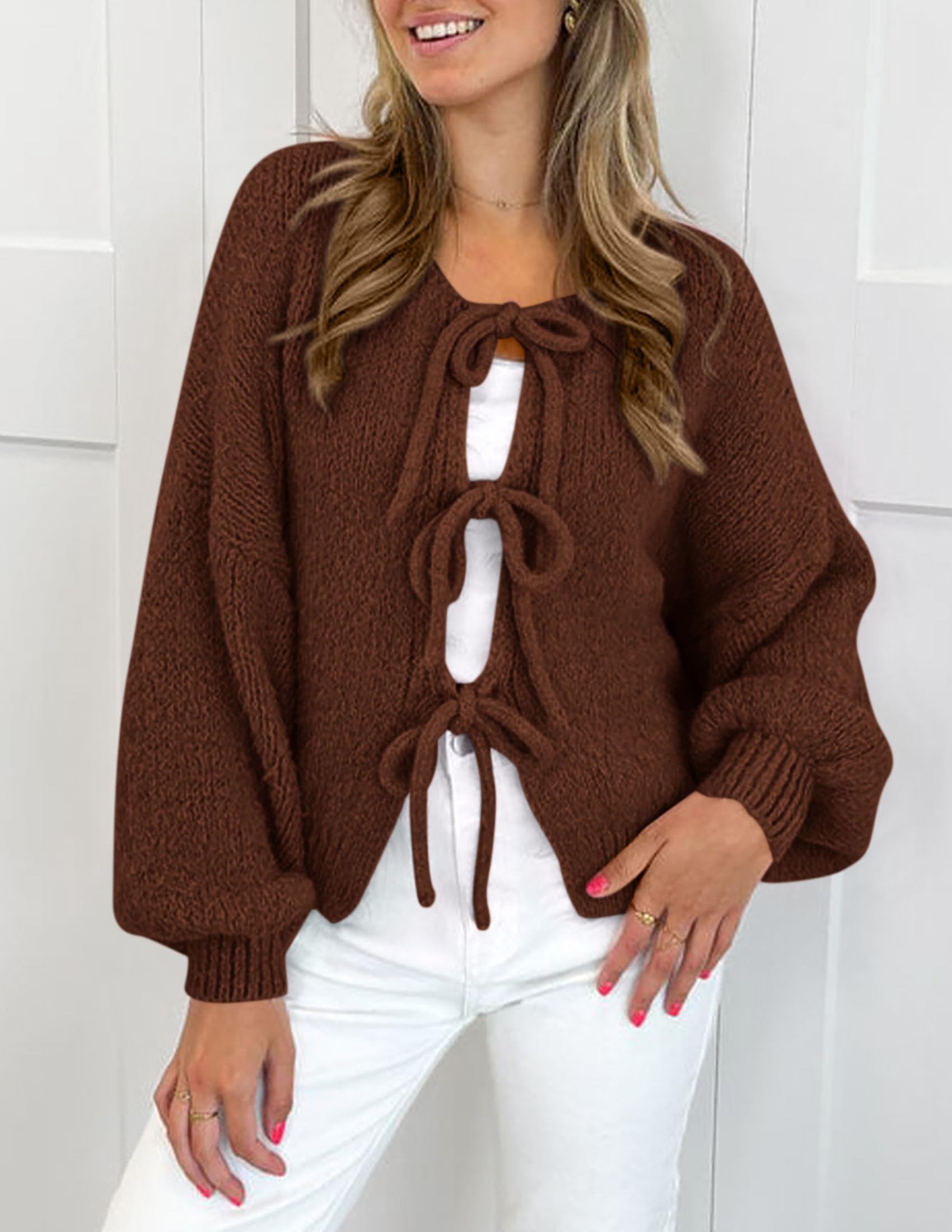 Women's Tie Front Bow Cardigan Sweaters(Caramel,Small)