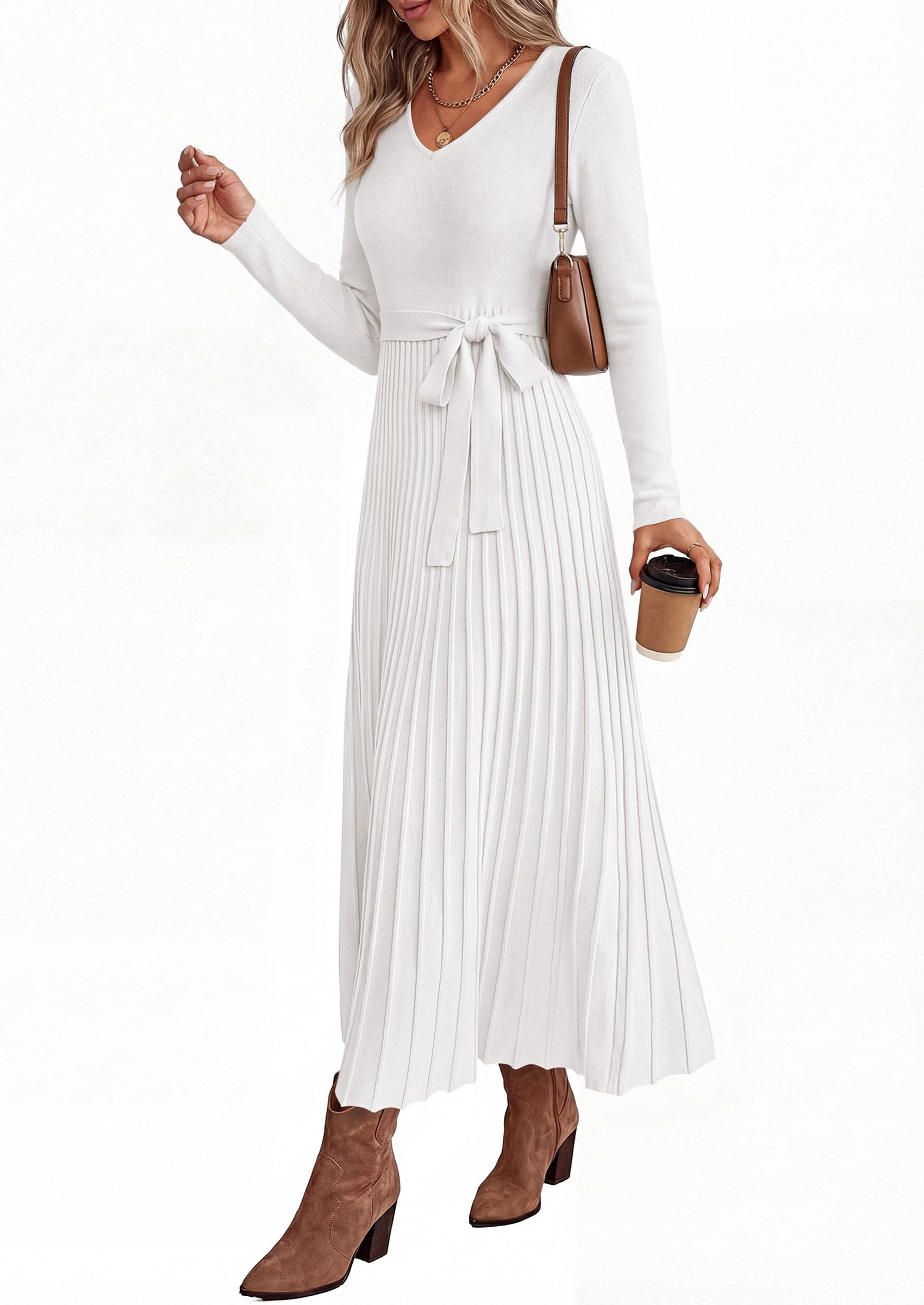 Womens Fall Maxi Long Sleeve Sweater Dress,White,S