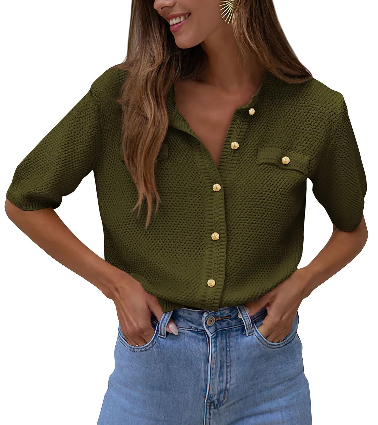 Women's Summer Casual Button Down Shirts Army Green,Small