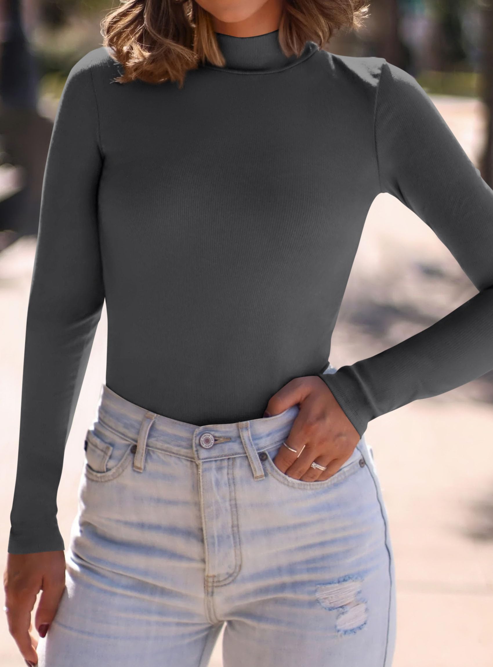 Womens Mock Turtleneck Fall Long Sleeve Shirts,Dark Grey,XS
