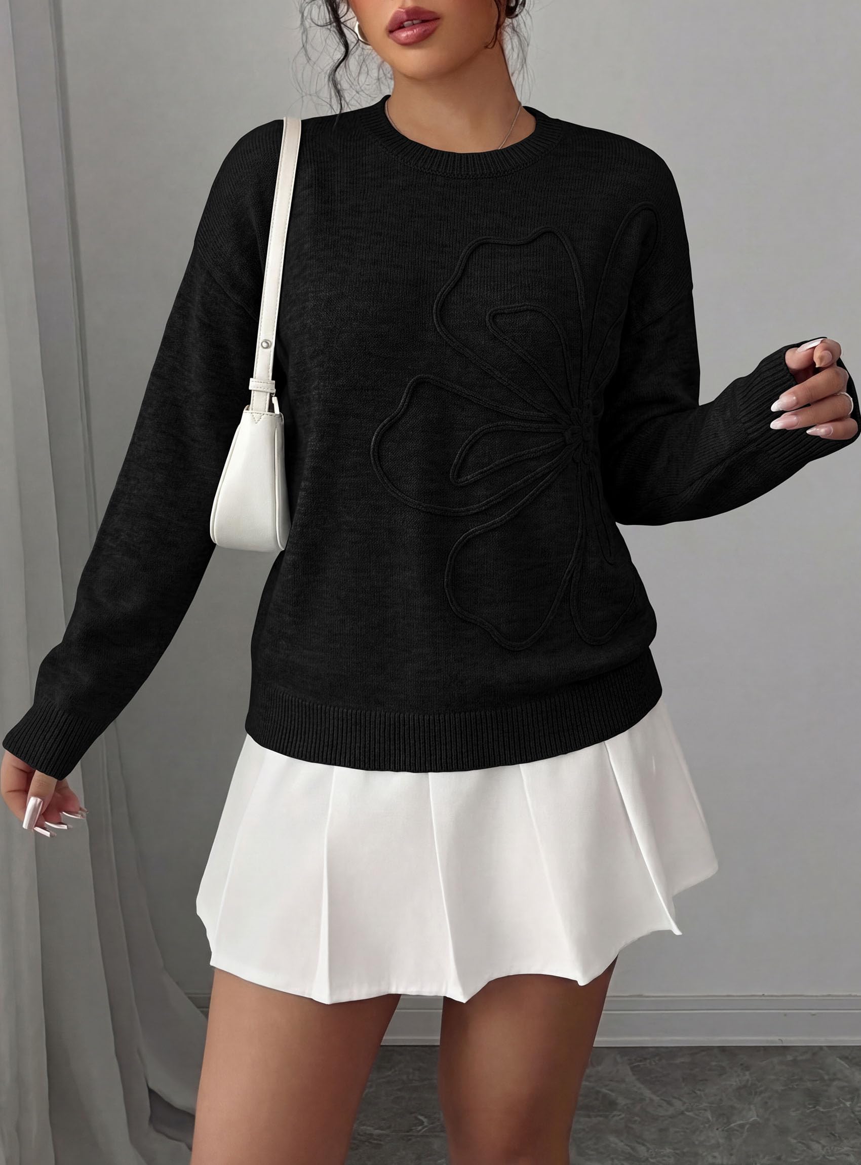 Sweaters for Women Fall Fashion Embroidered Floral Knit Tops