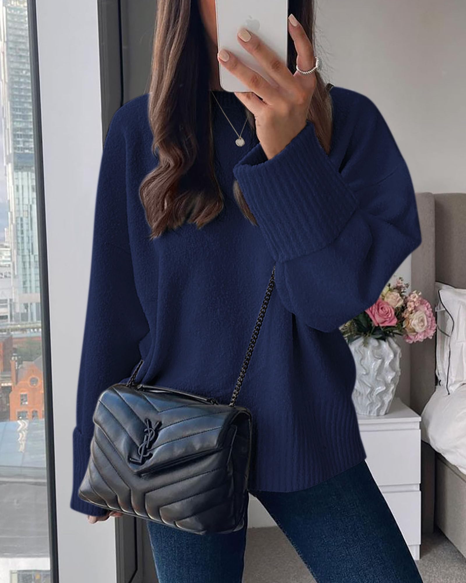 Women's Fall Fashion Cozy Oversized Sweaters(Navy,XS)