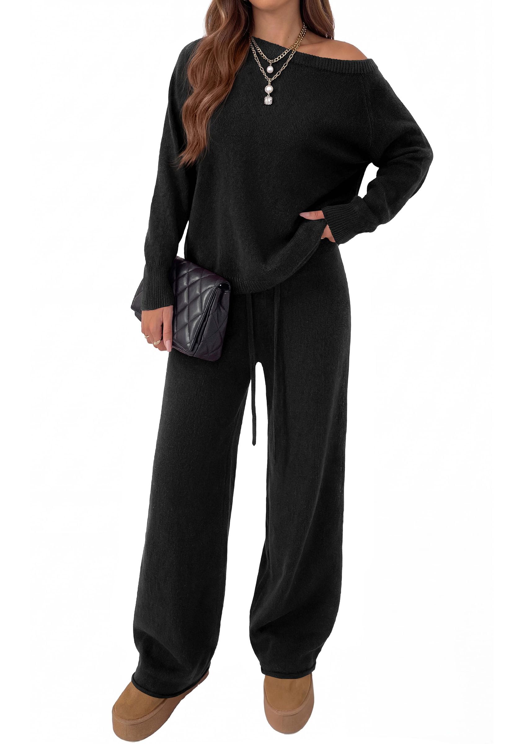 Lounge Sets Womens Sweaters Two Piece Outfits (Black,S)