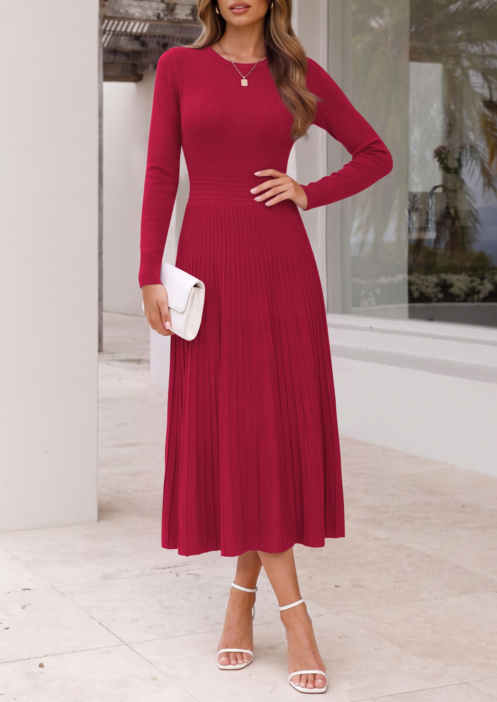 Women's Long Sleeve Knit Maxi Sweater Dress,Red,S