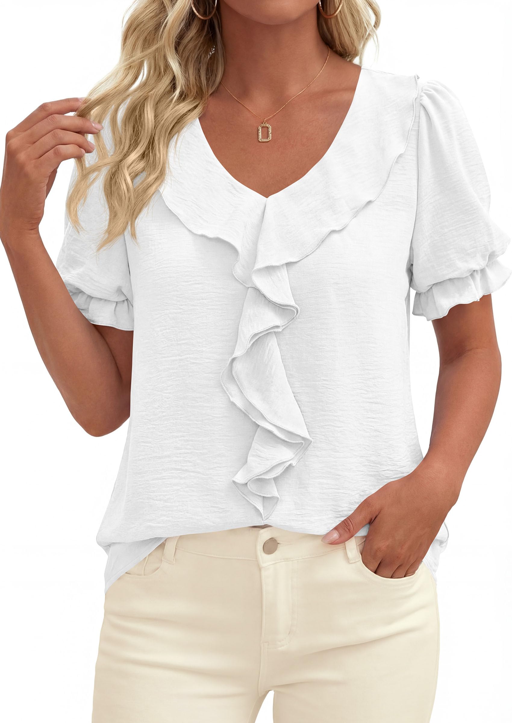 Women's Summer Ruffle Dressy Casual Blouses (White,S)