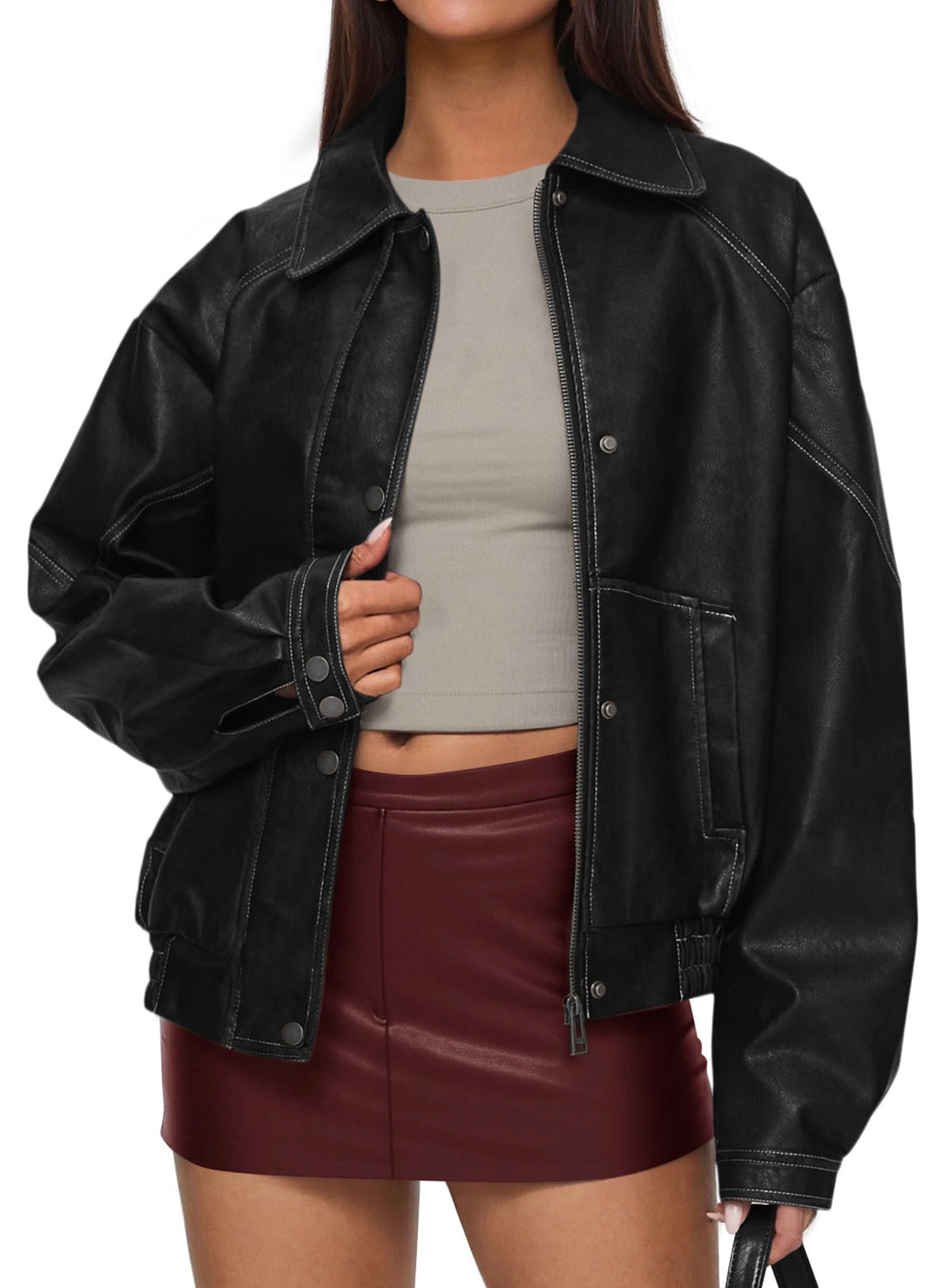 Womens Oversized Faux Leather Jacket Fall Winter Outfits