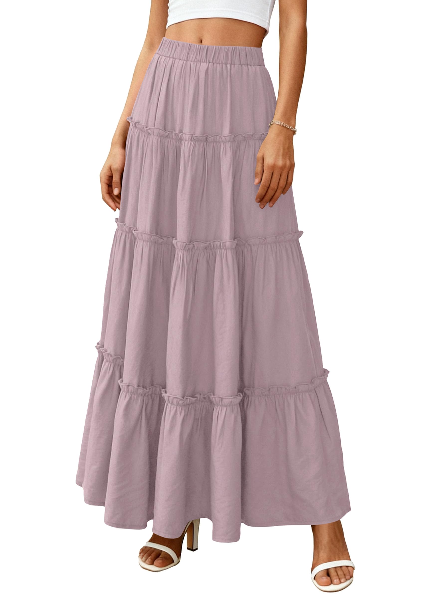 Women's Boho Tiered Ruffle Flowy Maxi Skirt, Purple,S