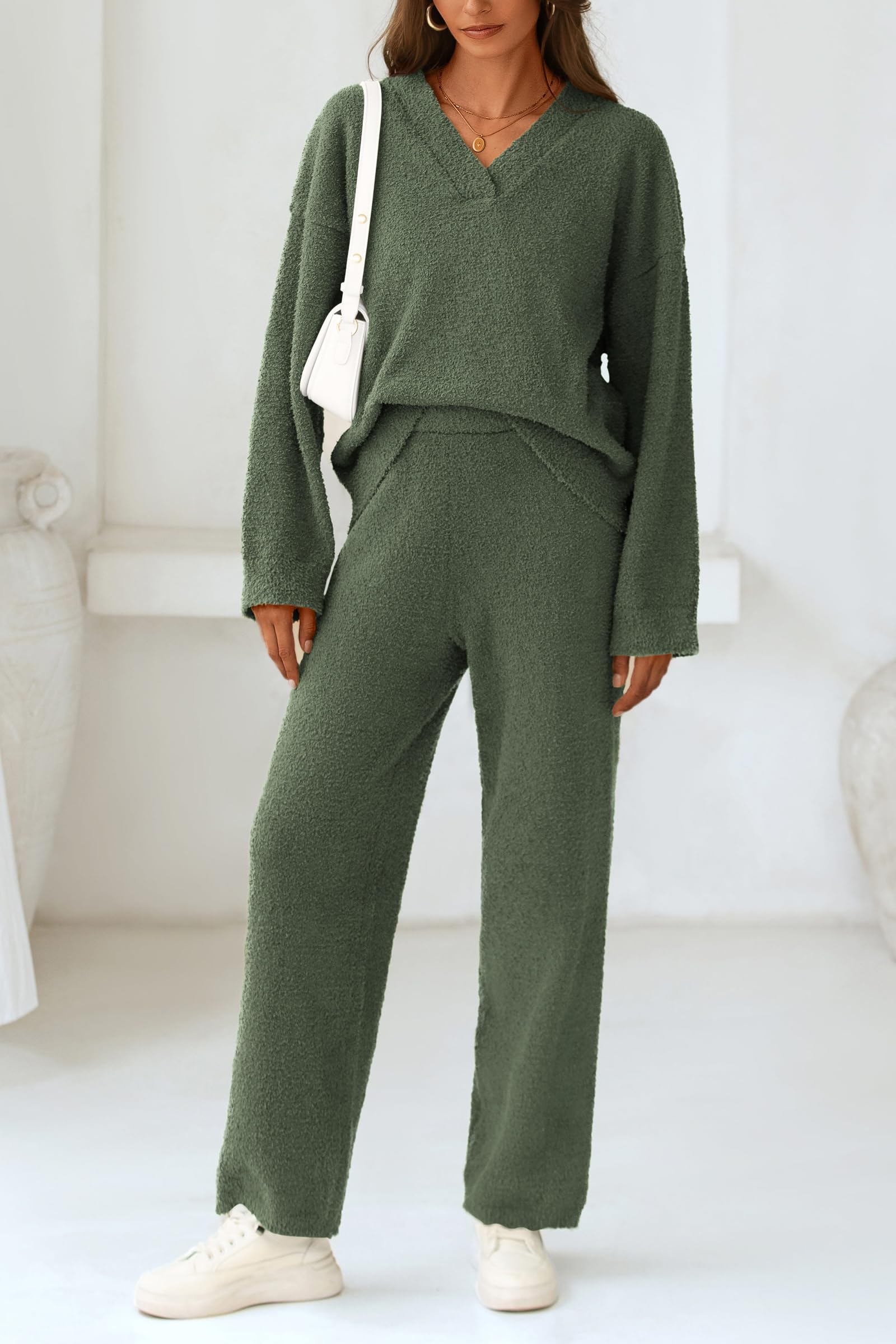 Lounge Sets for Women Fall 2 Piece Fuzzy Sweater Pajama Set
