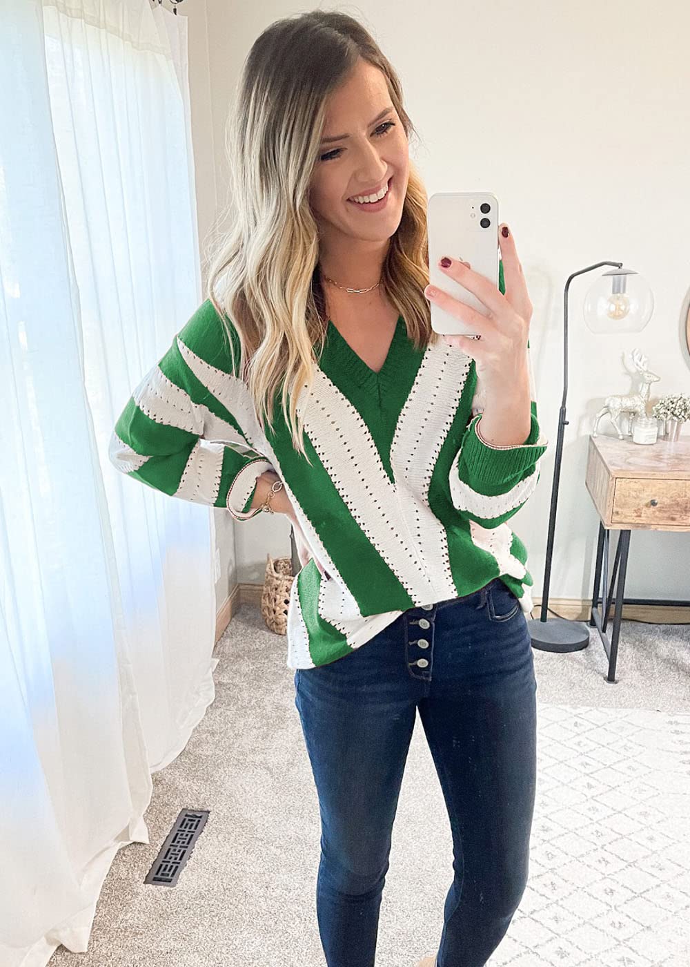 Women's V Neck Striped Knit Pullover Sweater