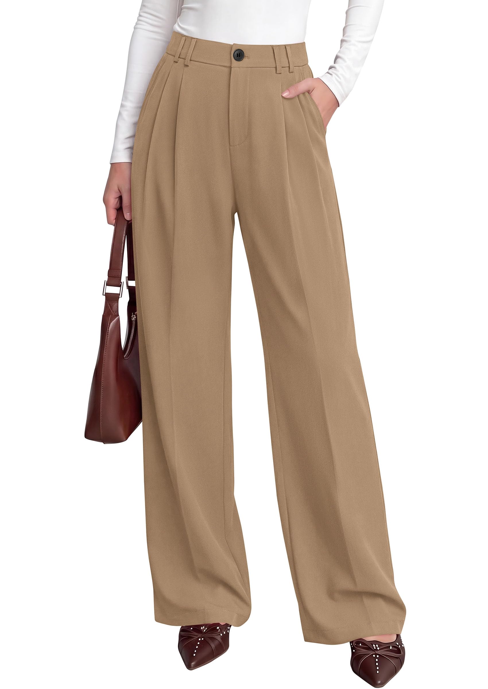 Women's Dress Pants Wide Leg Flowy Trousers,Light Khaki,S