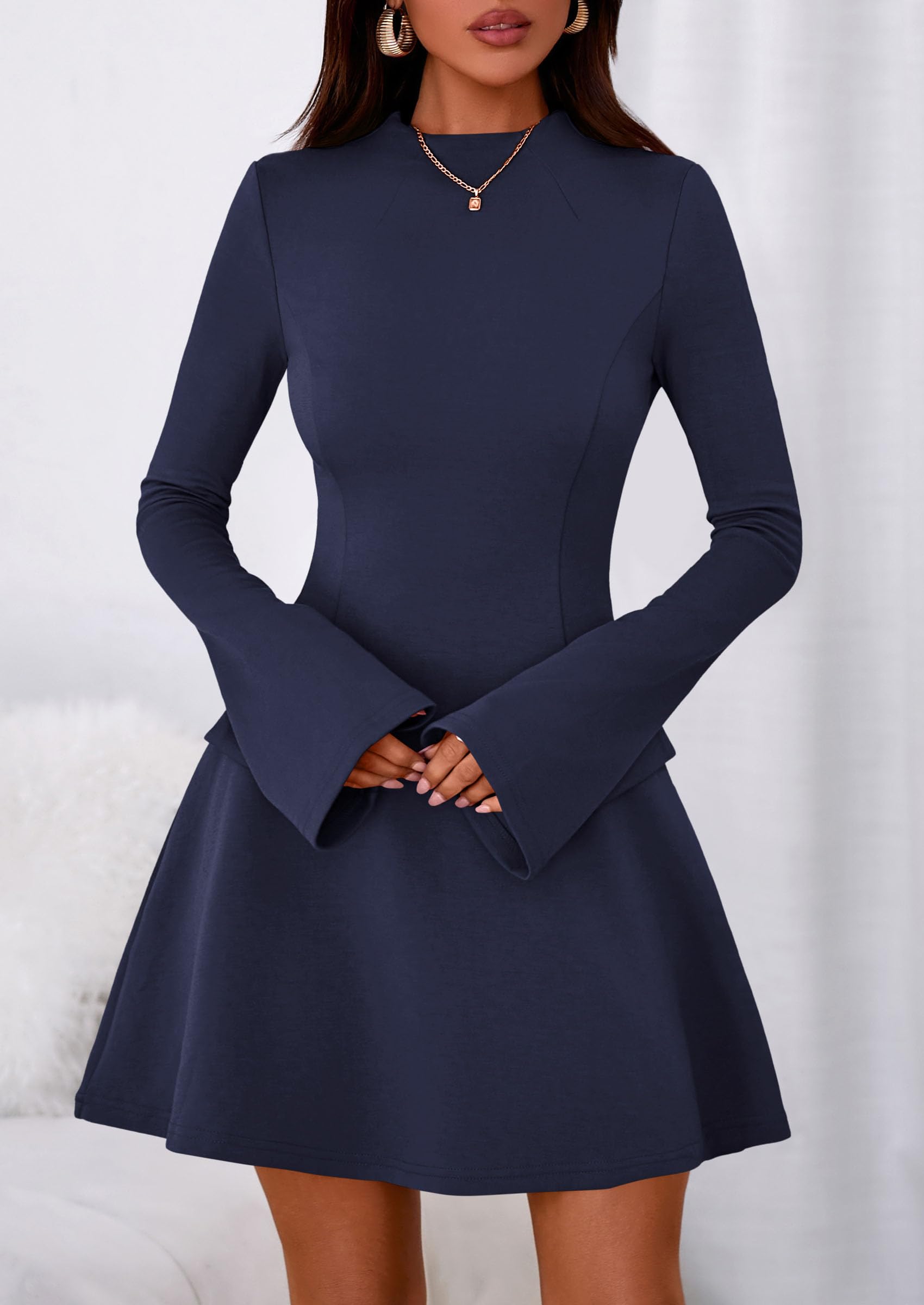 Women's Fall Bell Sleeve Short Dress,Dark Blue,XS