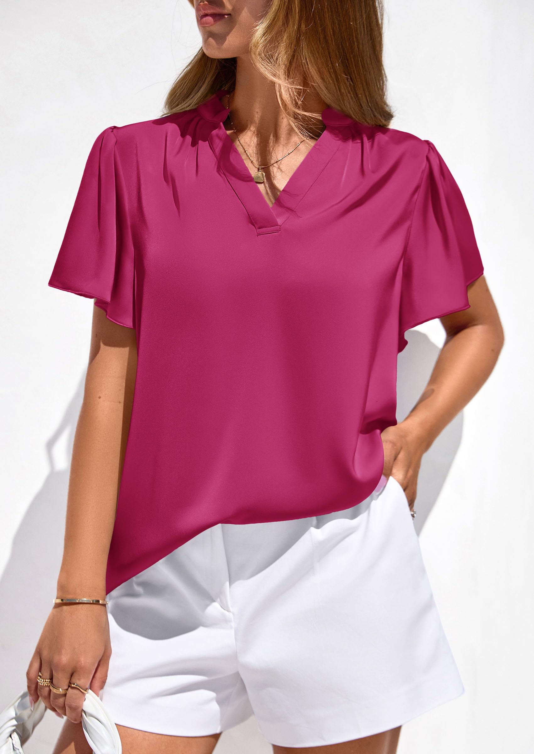 Women's Summer Satin Dressy Casual Blouses (Rose Purple,S)