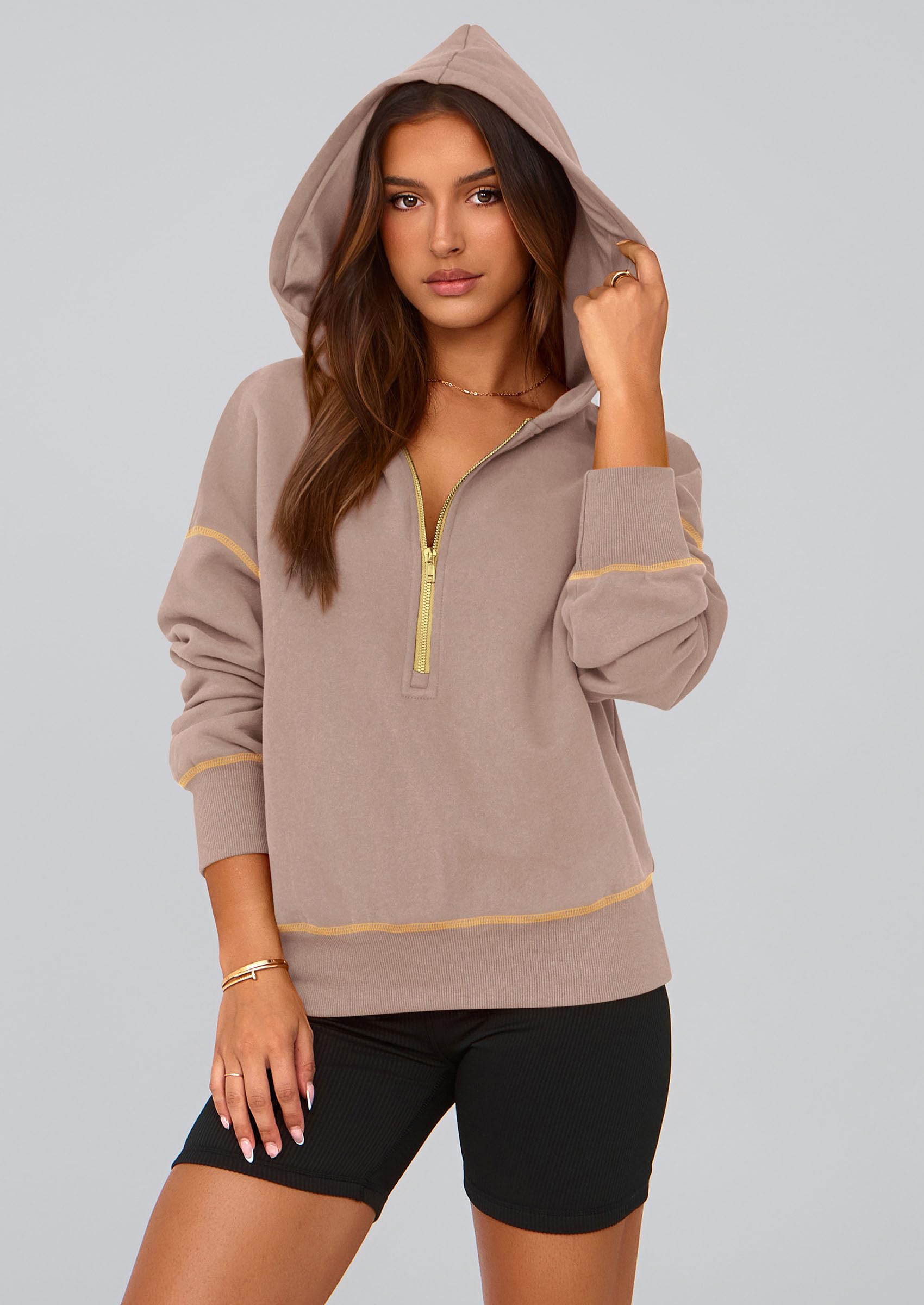Women's Fall Half Zip Cropped Hoodie Sweatshirt Khaki
