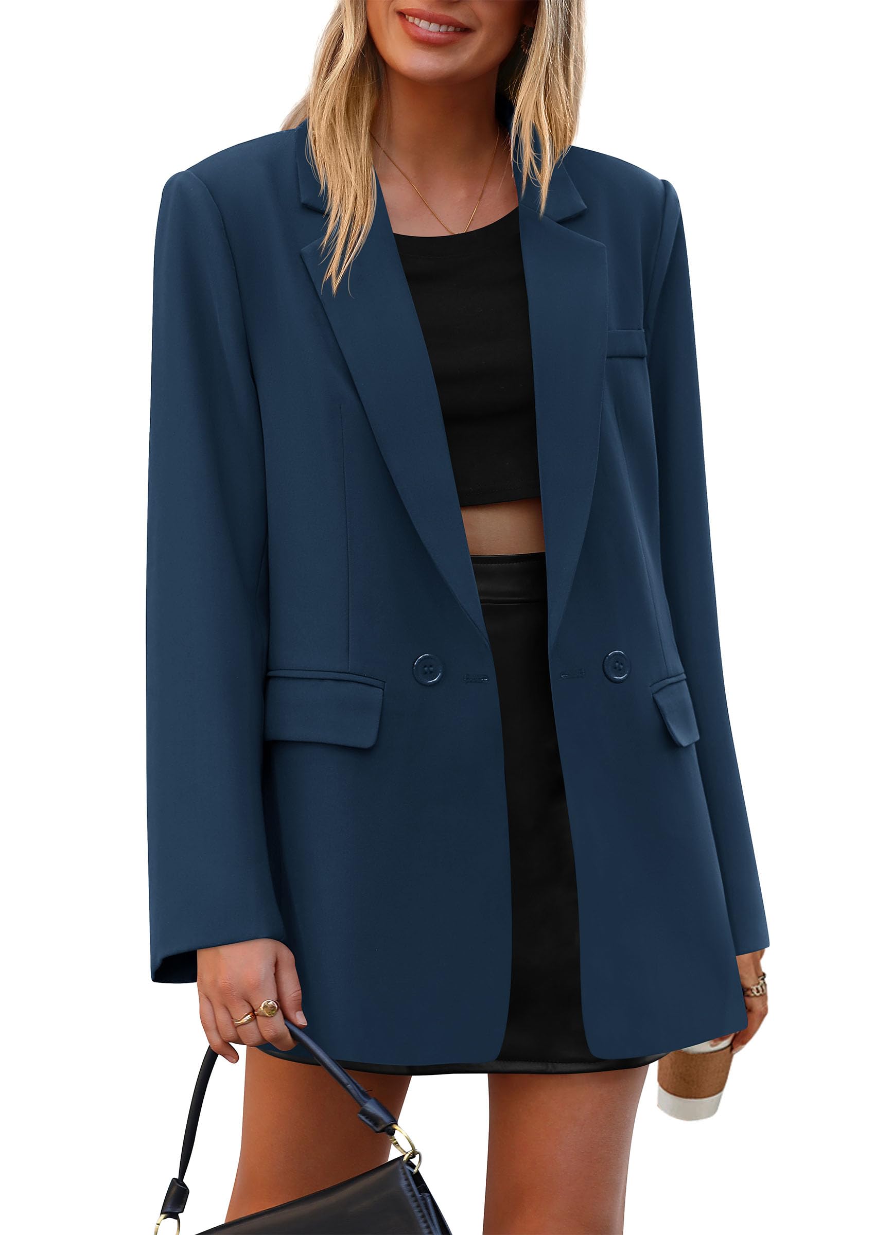 Women's Fall Business Casual Oversized Blazers(Dark Blue,S)