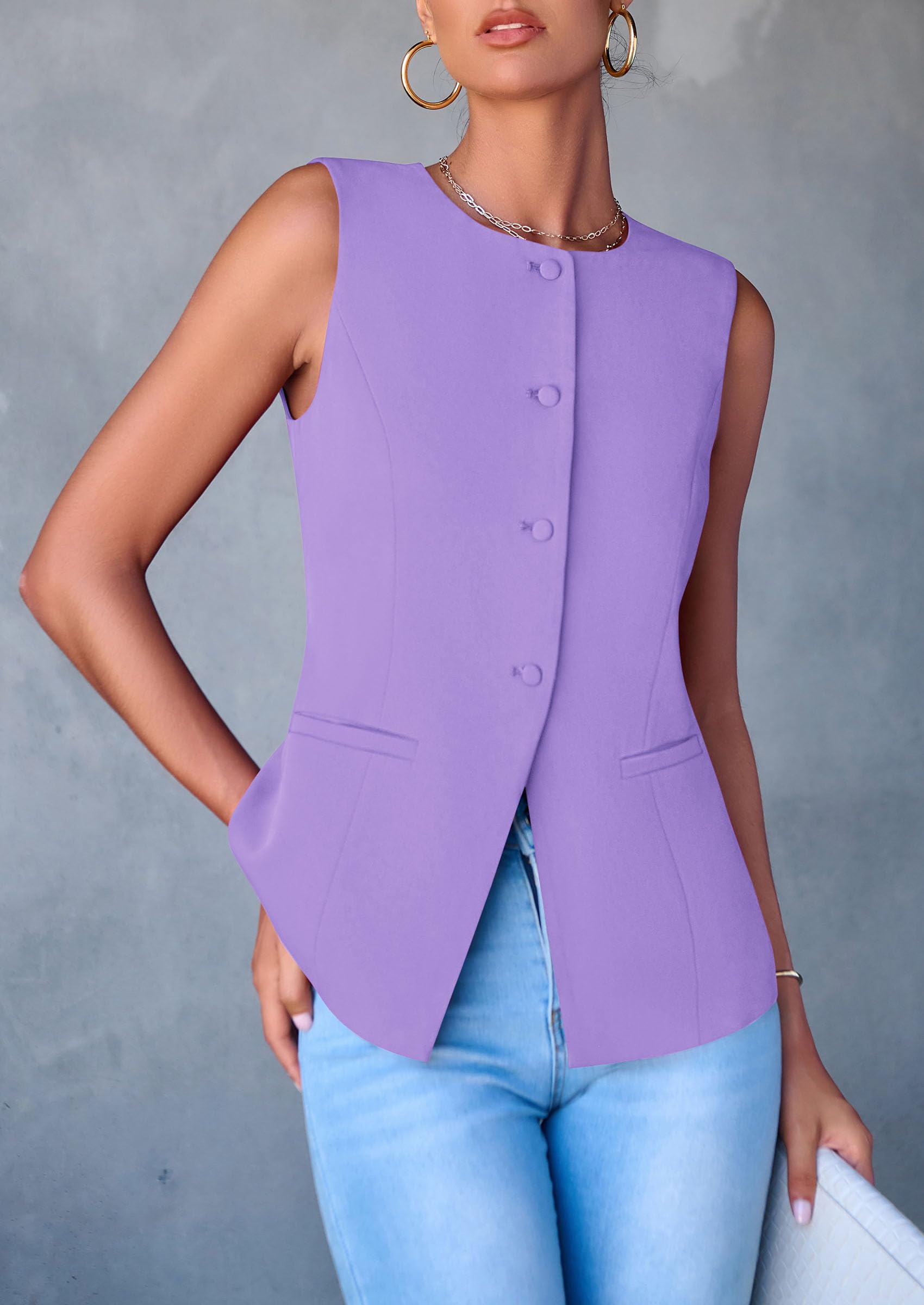 Women Tailored Suit Vest Business Casual Tops, Light Purple,S