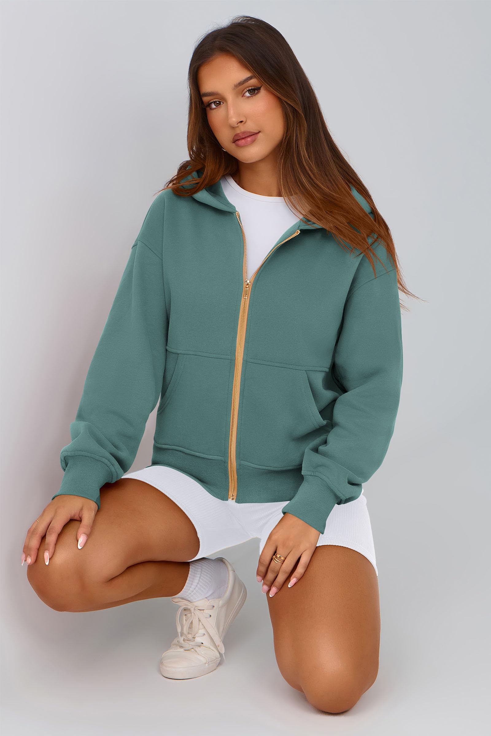 Hoodies for Women Fall Fashion Zip Up Fleece Plain Sweatshirt