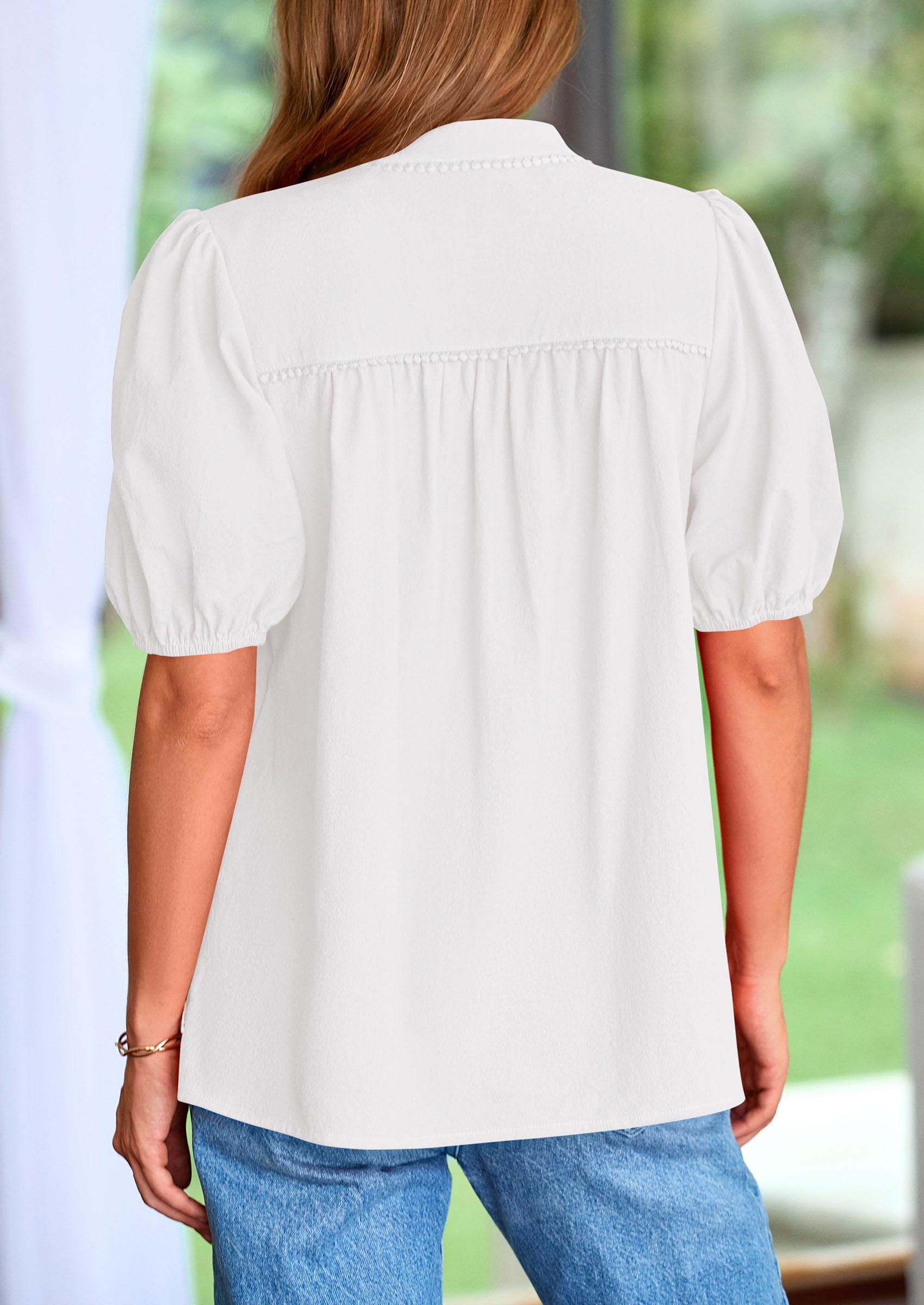 Womens Short Puff Sleeve V Neck Blouses,White,L