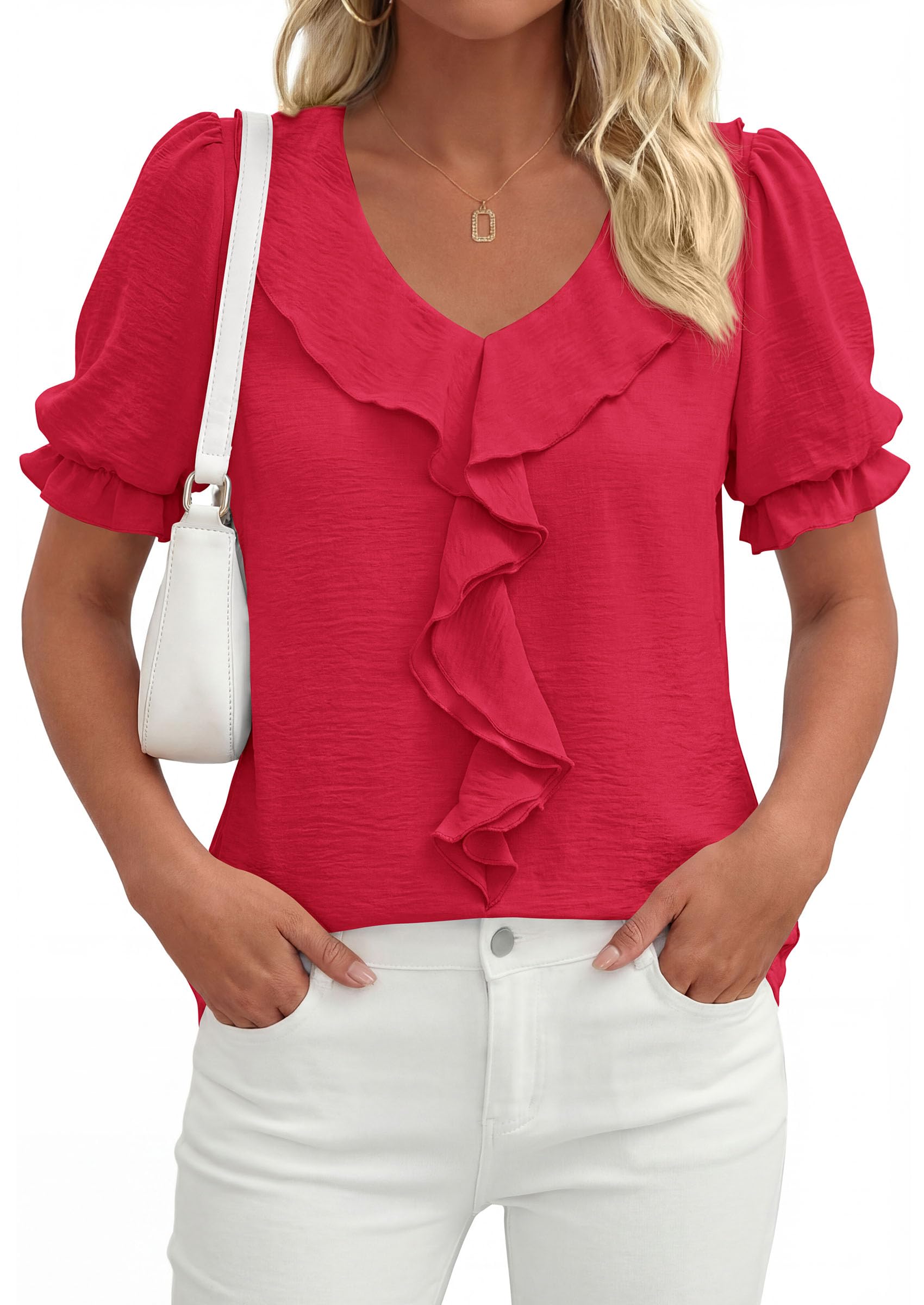 Women's Summer Ruffle Dressy Casual Blouses (Red,S)