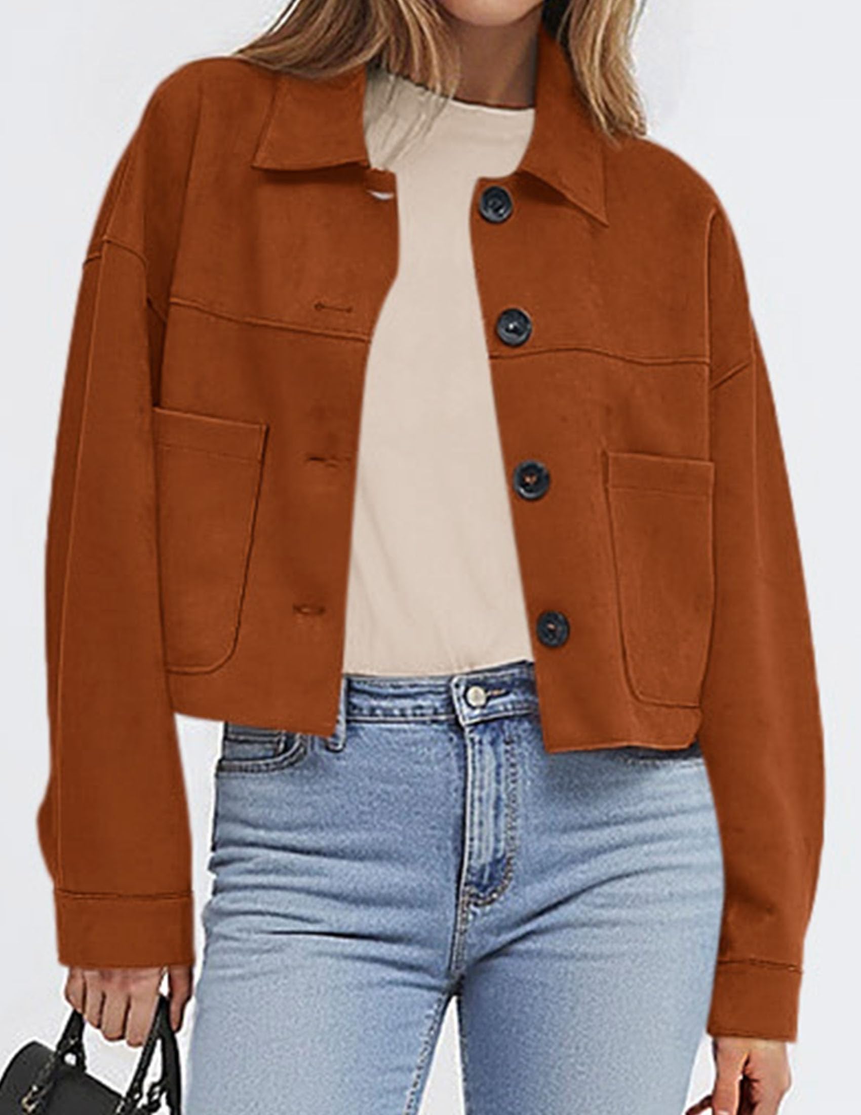 Women's Faux Suede Shacket Jackets Lightweight Cropped Coats