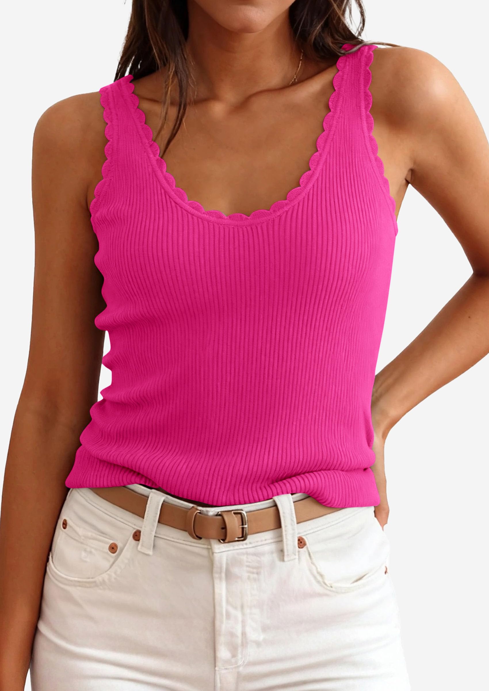 Womens Ribbed Knit Sleeveless Tank Tops,Rose Red,XS