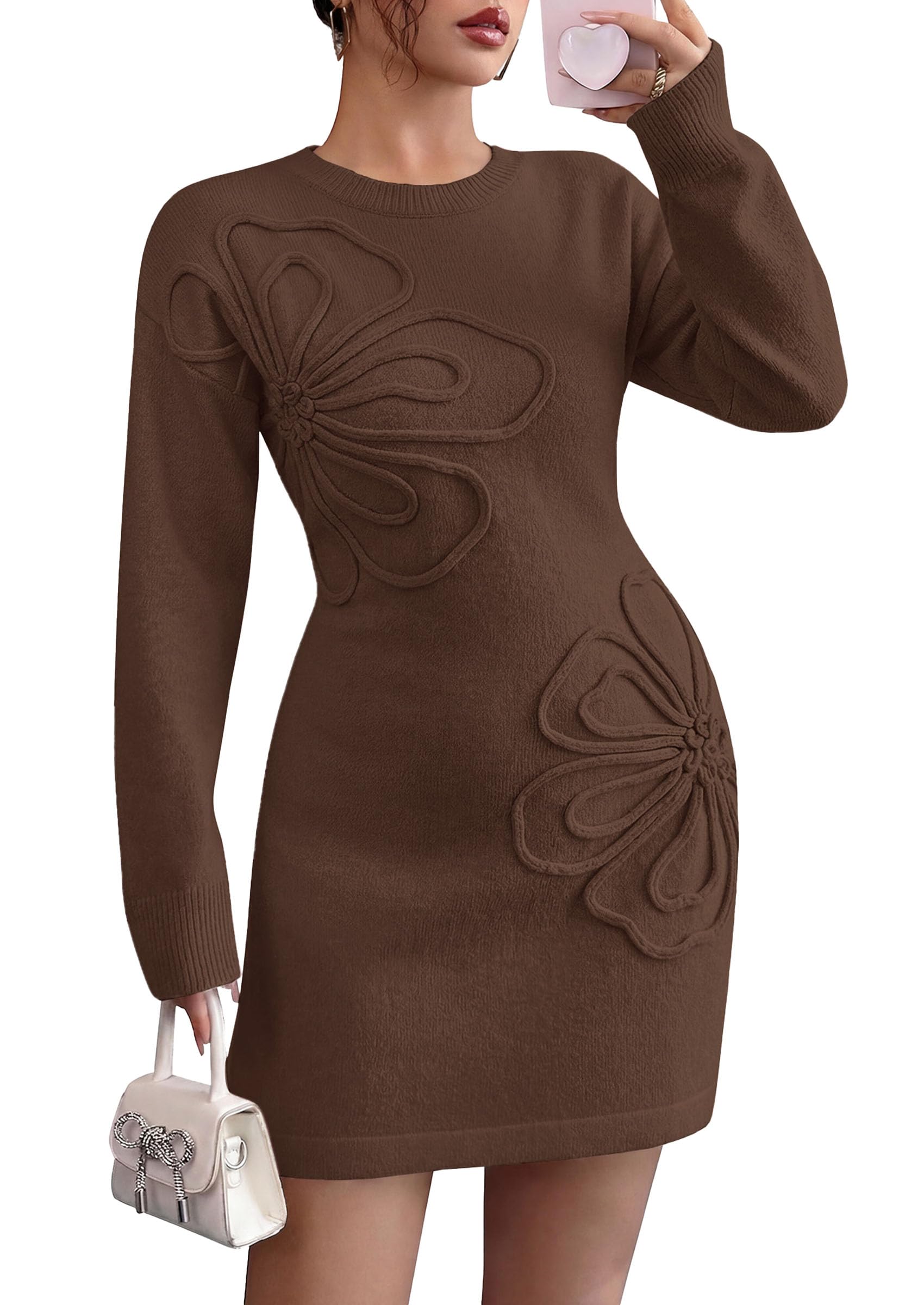 Women's Embroidered Long Sleeve Bodycon Mini Sweater Dress