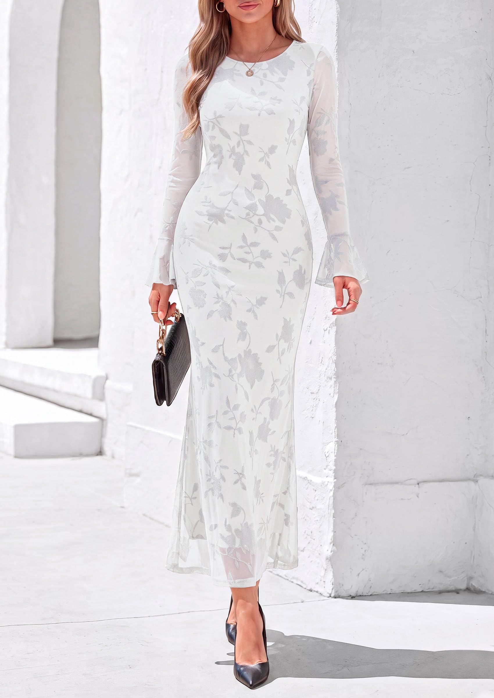 Women's Long Sleeve Maxi Floral Mesh Fall Wedding Guest Dress