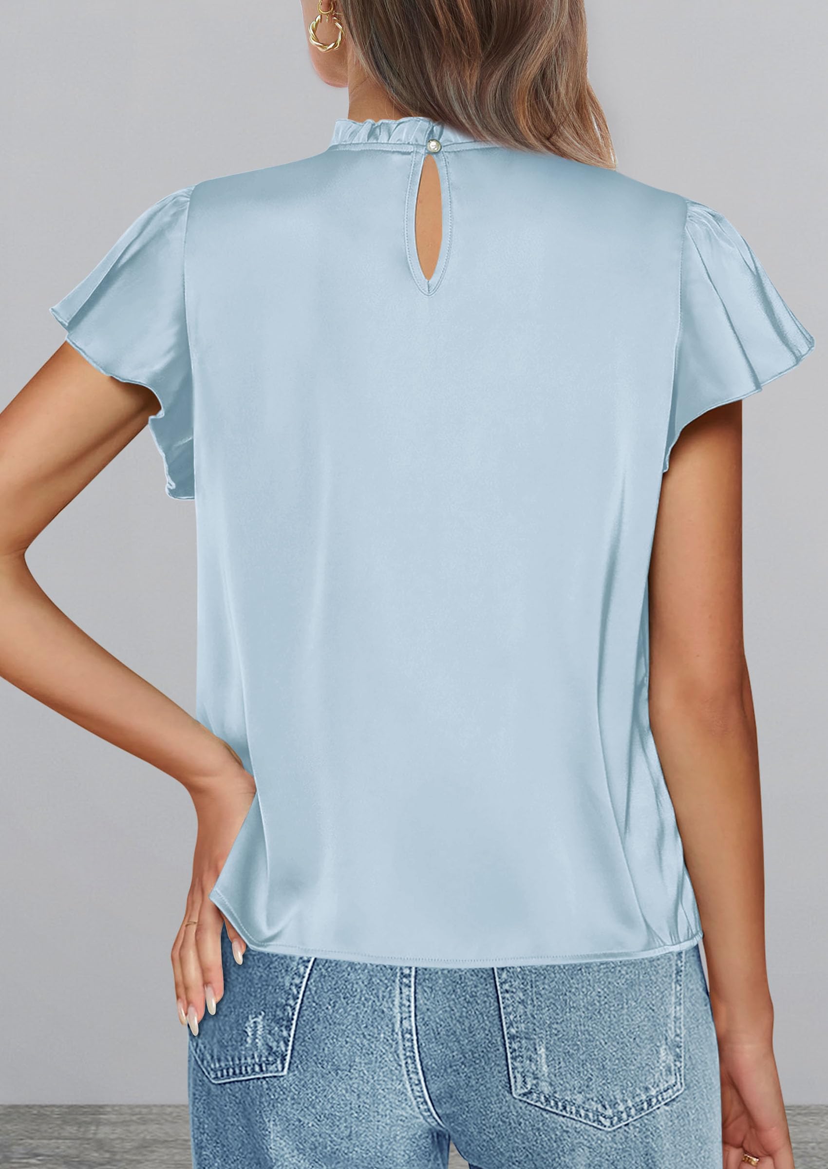 Women's Satin Tops Business Casual Work Blouses, Light Blue,S