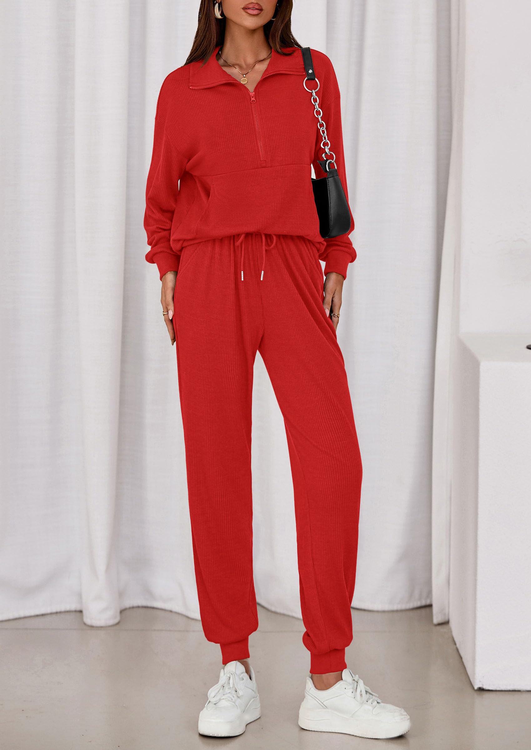 Airport Travel Outfit Women Ribbed Knit Matching Lounge Sets