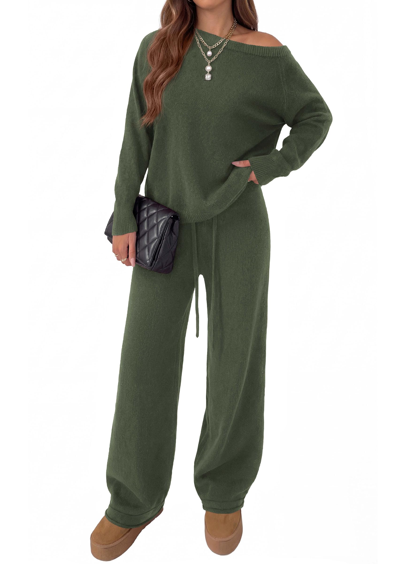 Lounge Sets Womens Sweaters Two Piece Outfits (Army Green,M)