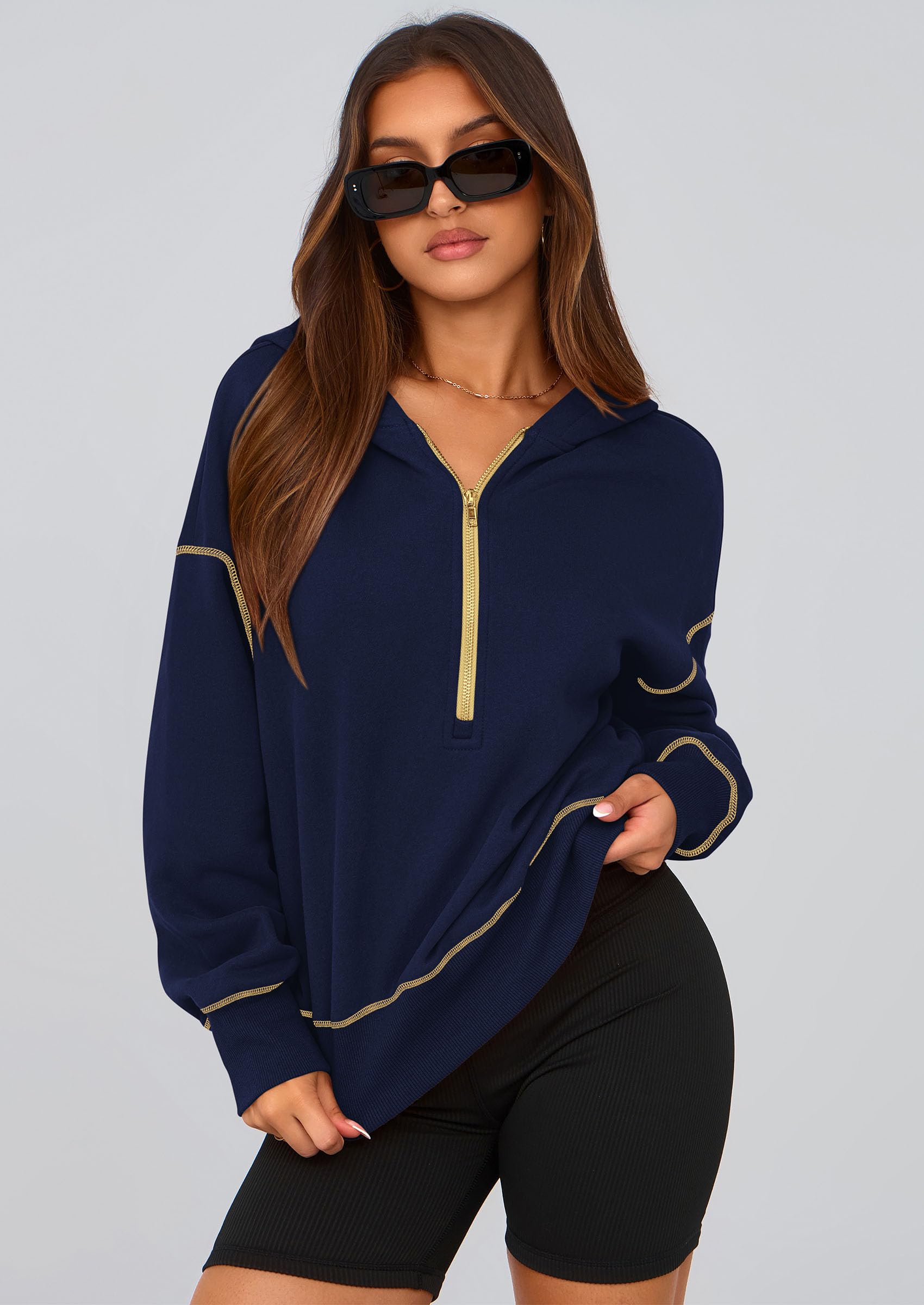 Women's Fall Half Zip Cropped Hoodie Sweatshirt Navy Blue
