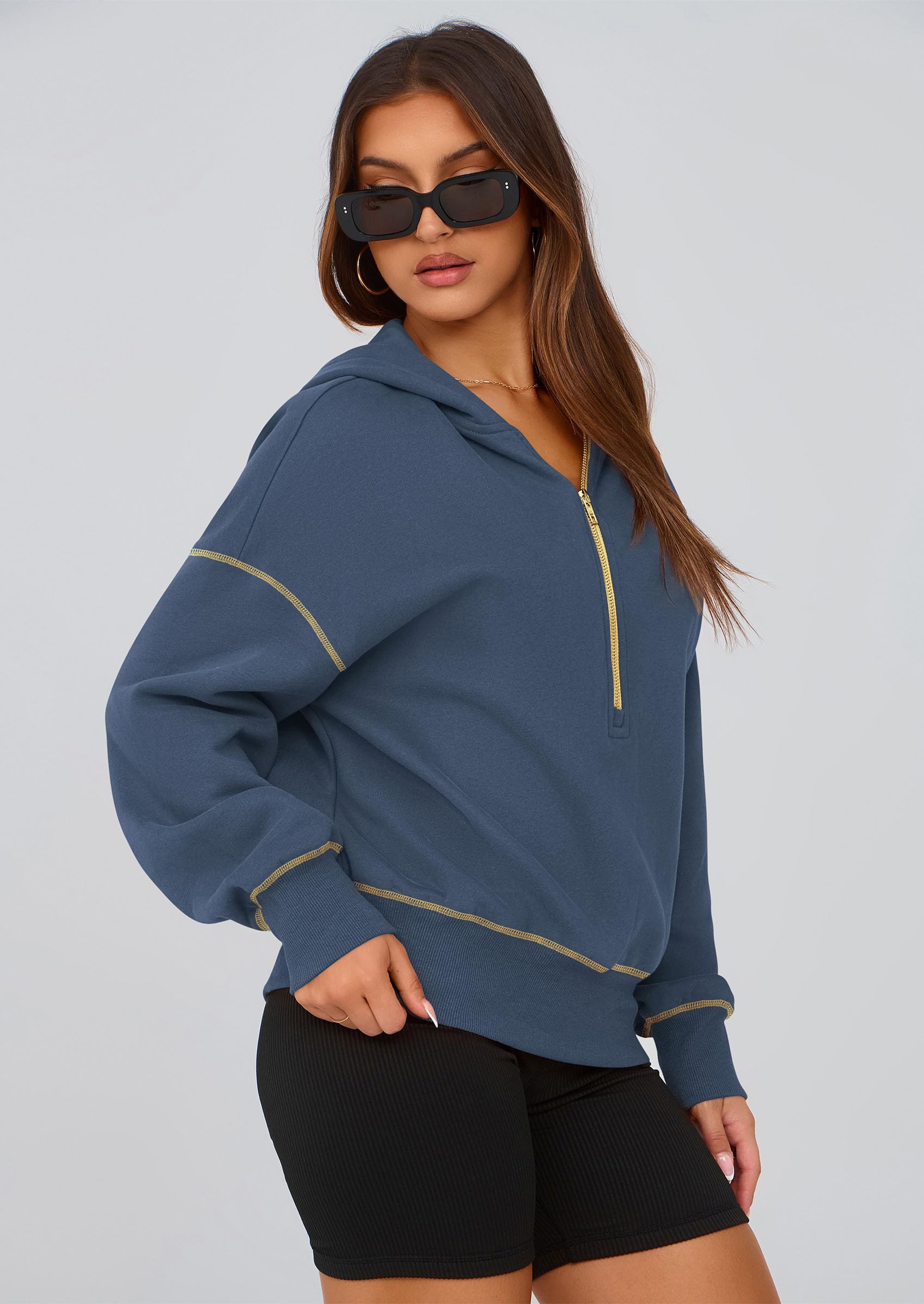 Women's Fall Half Zip Cropped Hoodie Sweatshirt Grey Blue