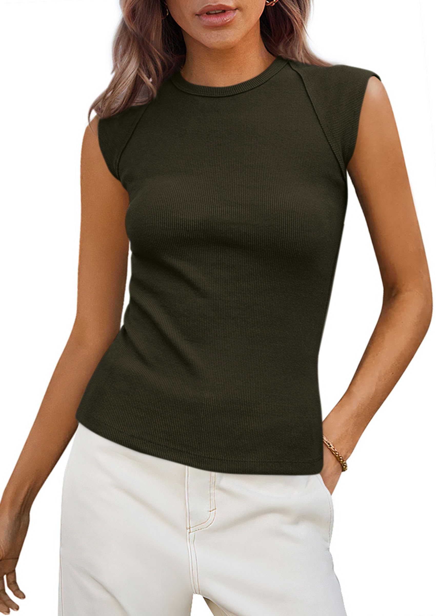 Women's Cap Sleeve Ribbed Tank Tops Summer, Dark Army Green,S
