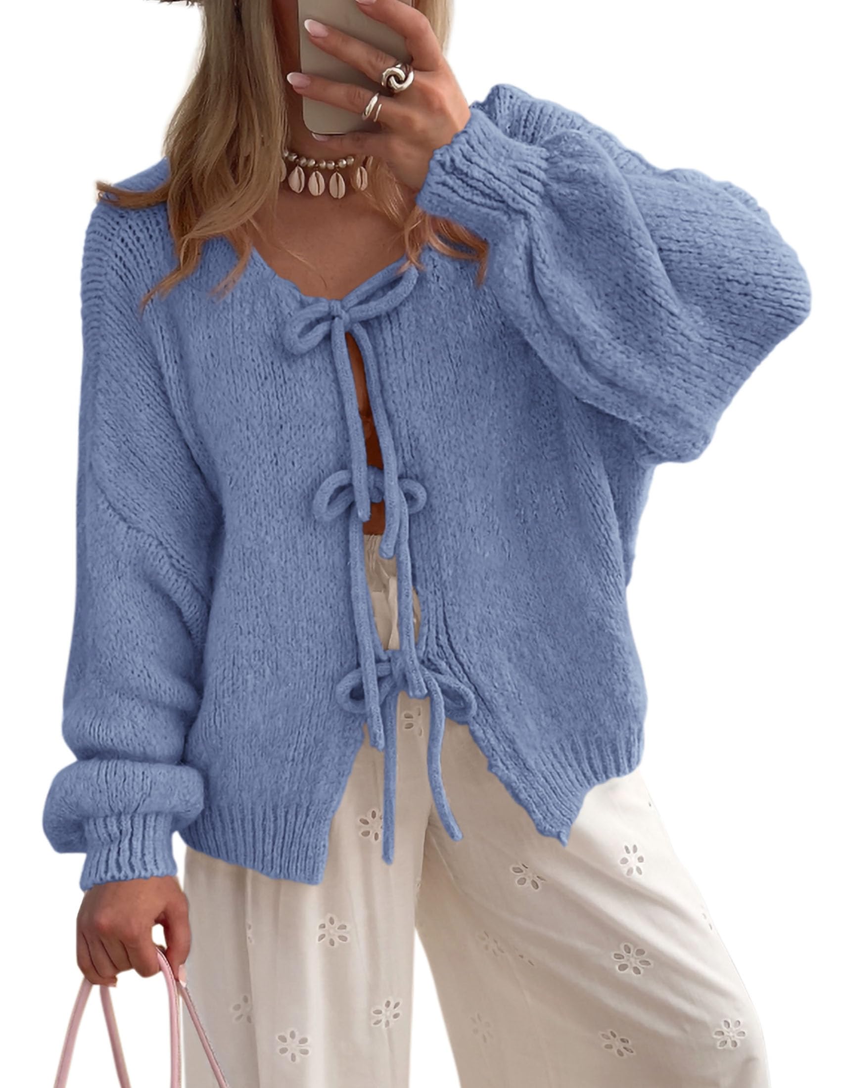 Women's Tie Front Bow Cardigan Sweaters(Mist Blue,Small)