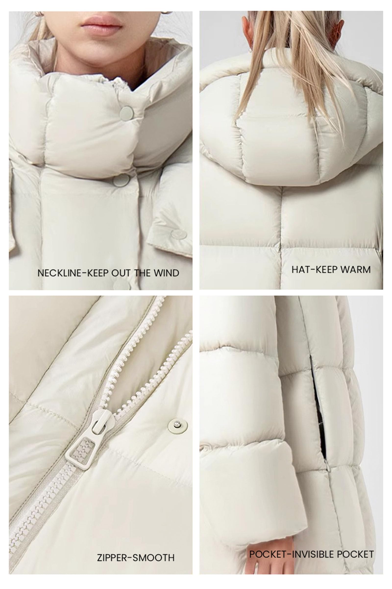 Women's Winter Long Puffer Coats Hooded Zip Up Casual Thickened Down Jackets Trendy Warm Clothes Outerwear (Beige,Medium)