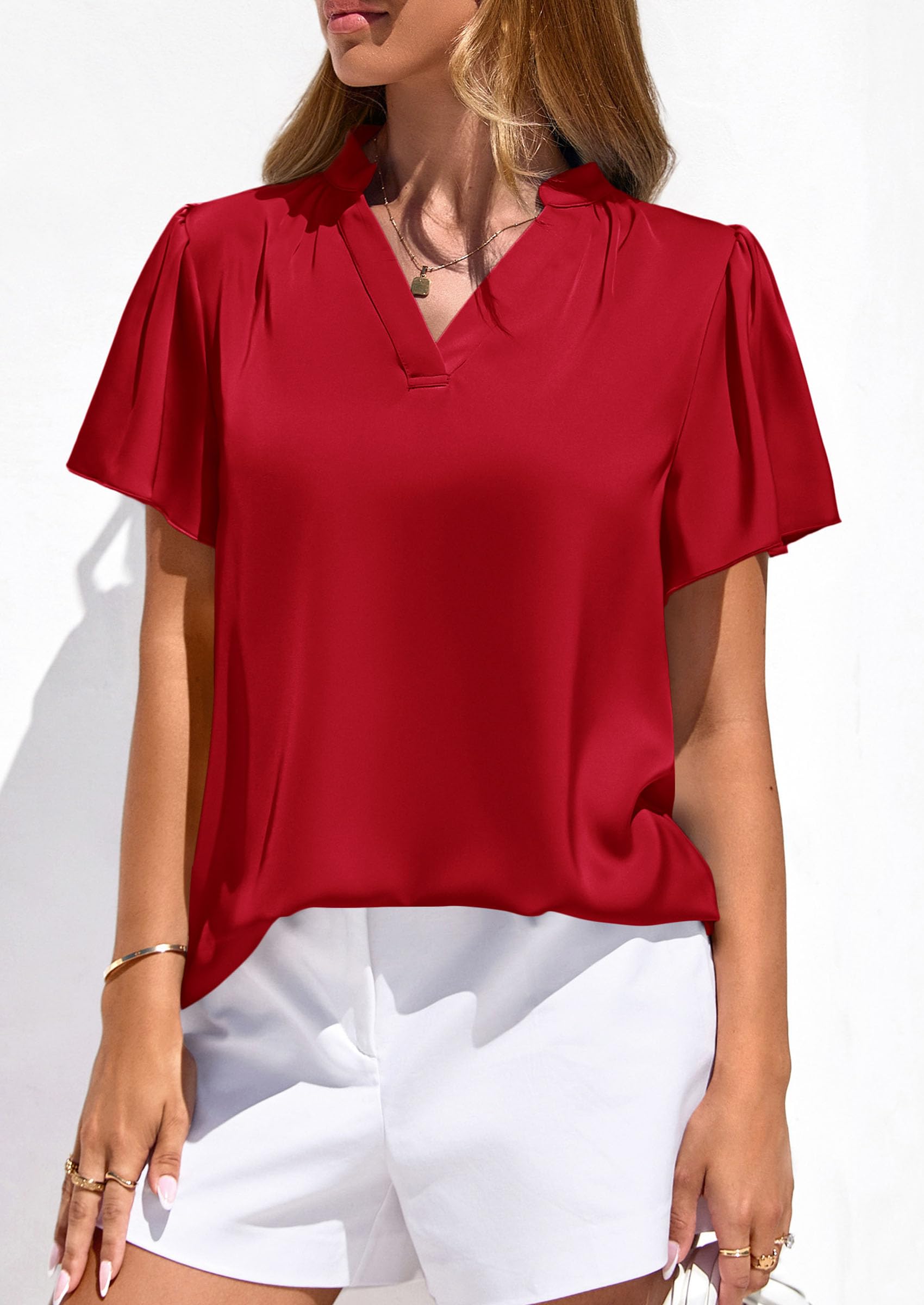 Women's Summer Satin Dressy Casual Blouses (Red,S)