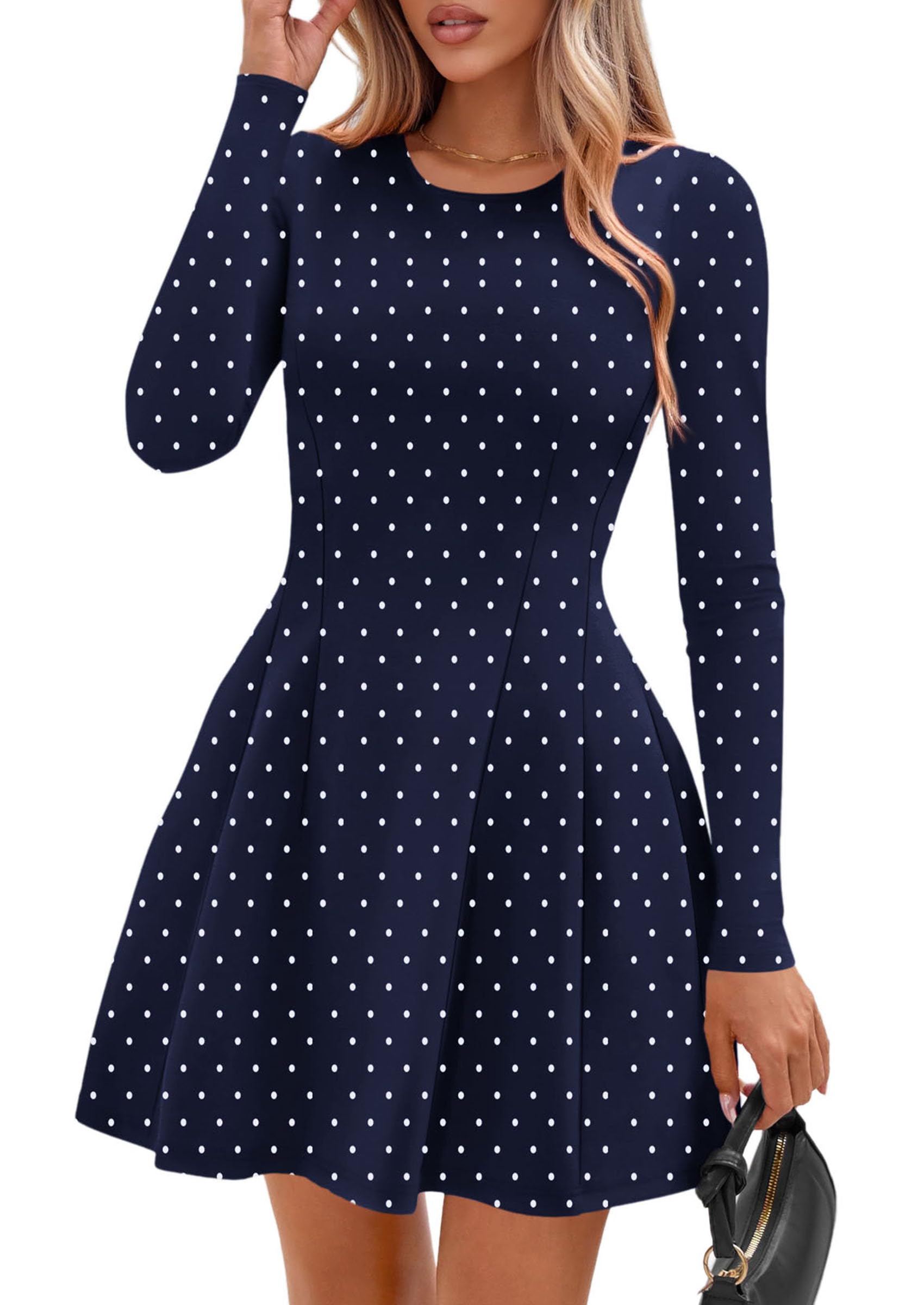 Womens Long Sleeve Pleated Mini Dress,Dot Navy White,XS