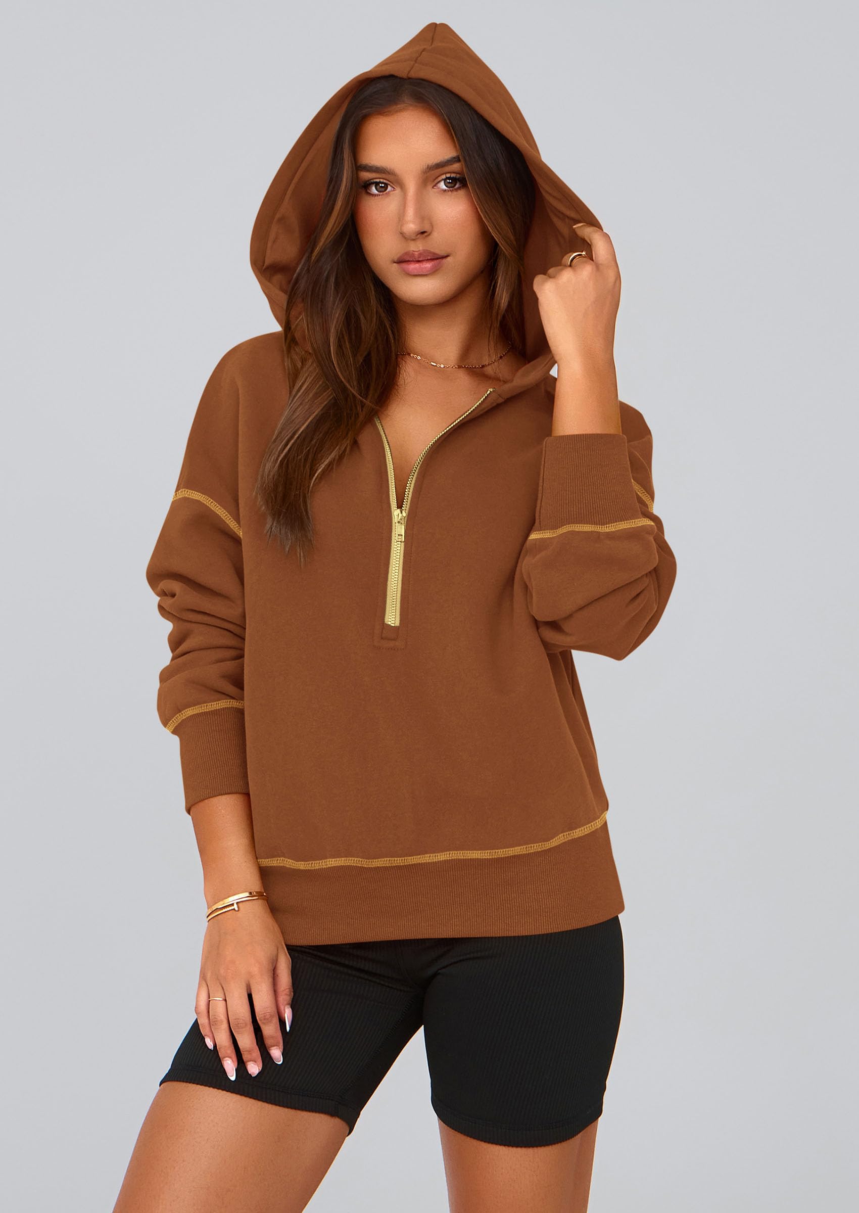 Women's Fall Half Zip Cropped Hoodie Sweatshirt Caramel