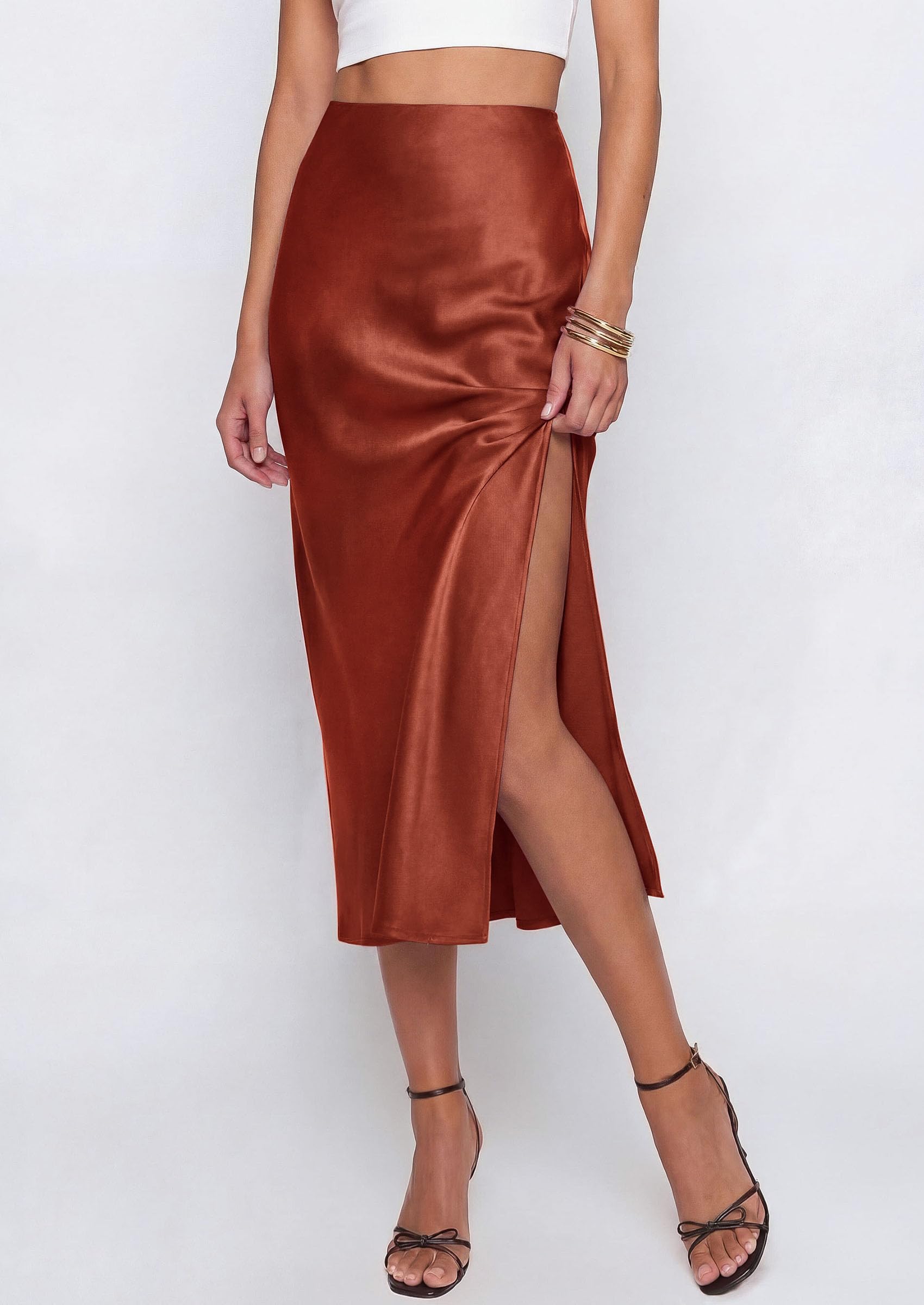 Womens Satin Skirt Silk Slip Midi Work Skirts, Brown, S