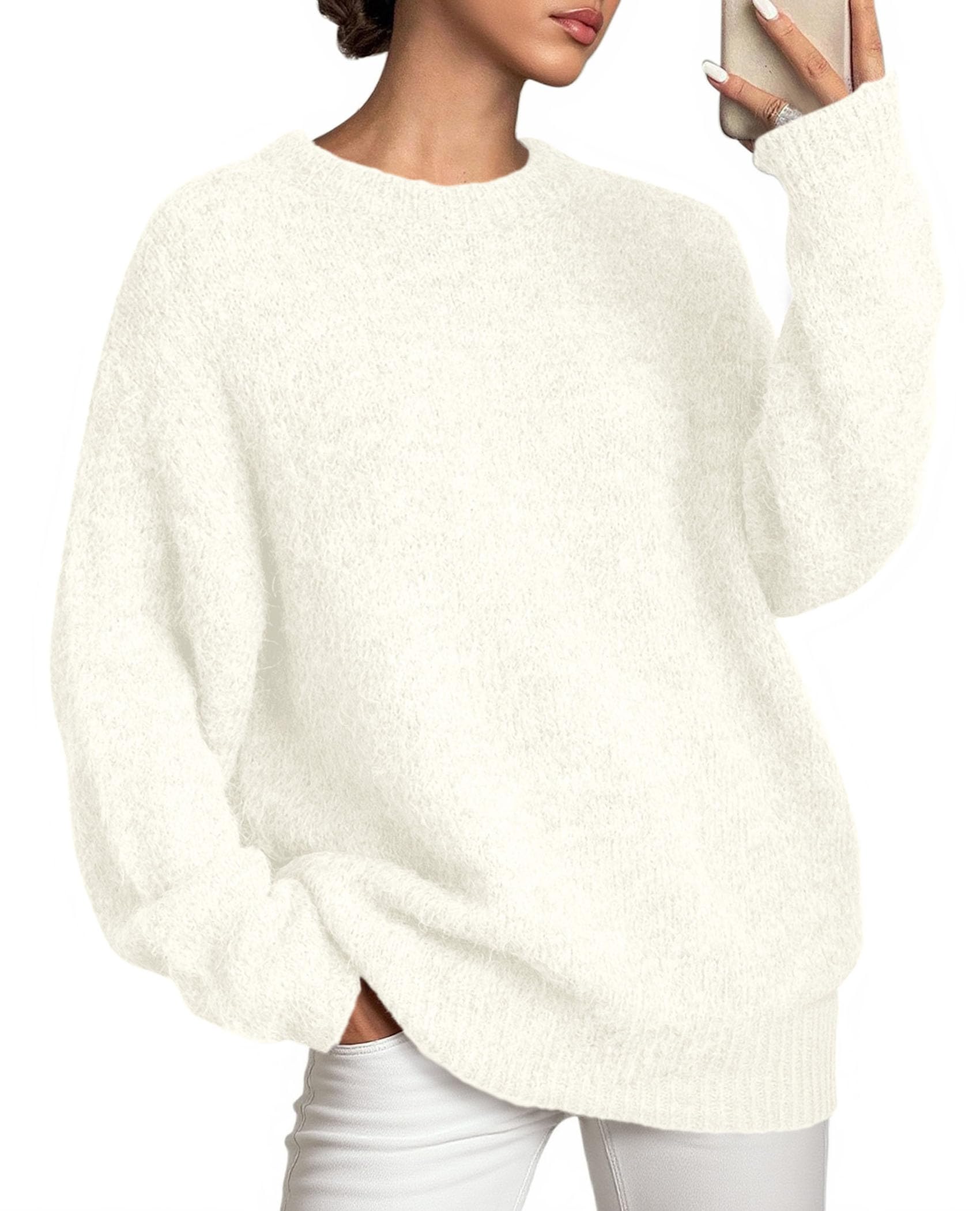 Womens Long Sleeve Oversized Pullover Sweater,White,S