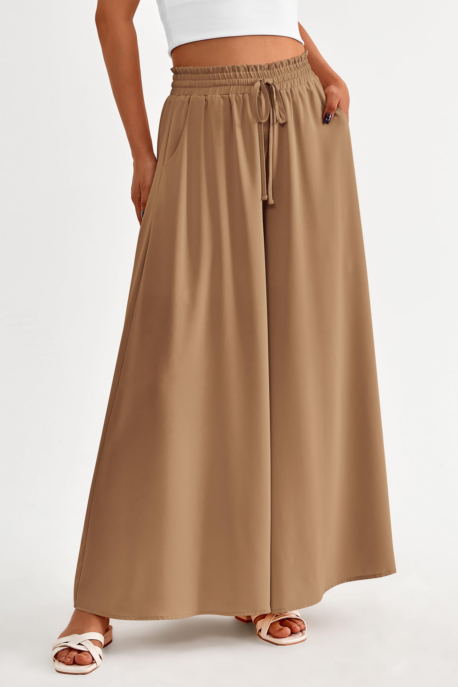 Summer Wide Leg Palazzo Pants for Women Casual,Khaki,S