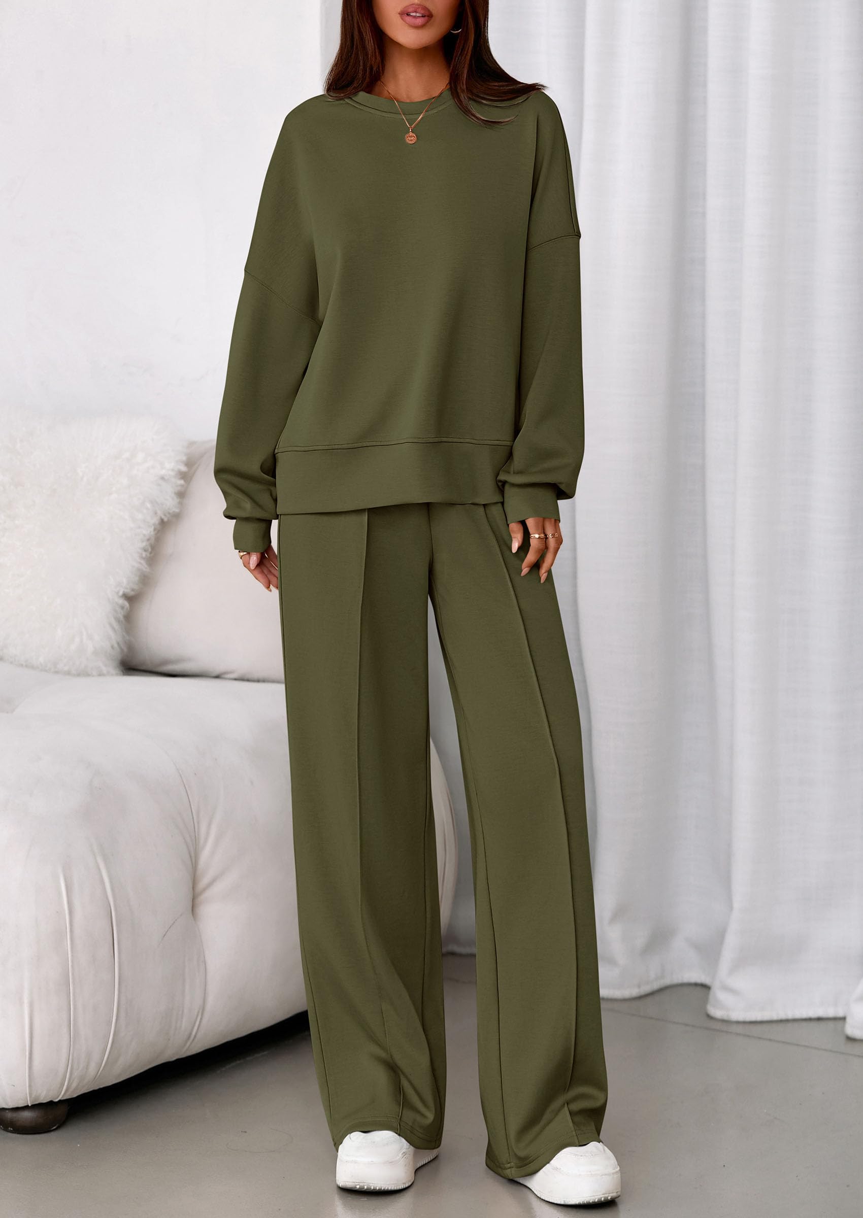 Womens Long Sleeve Sweatshirt 2 Piece Sets,Army Green,S