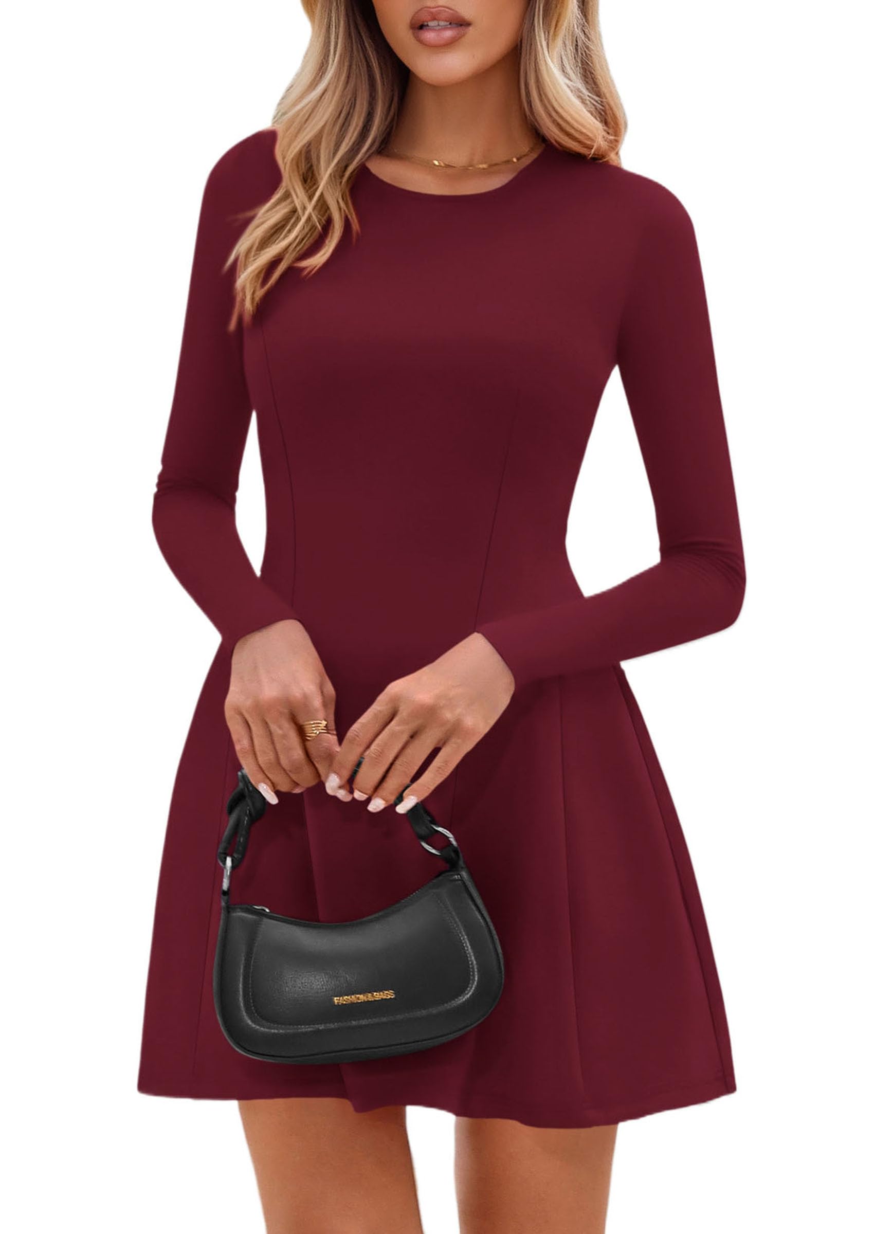 Womens Long Sleeve Pleated Mini Dress,Wine Red,XS