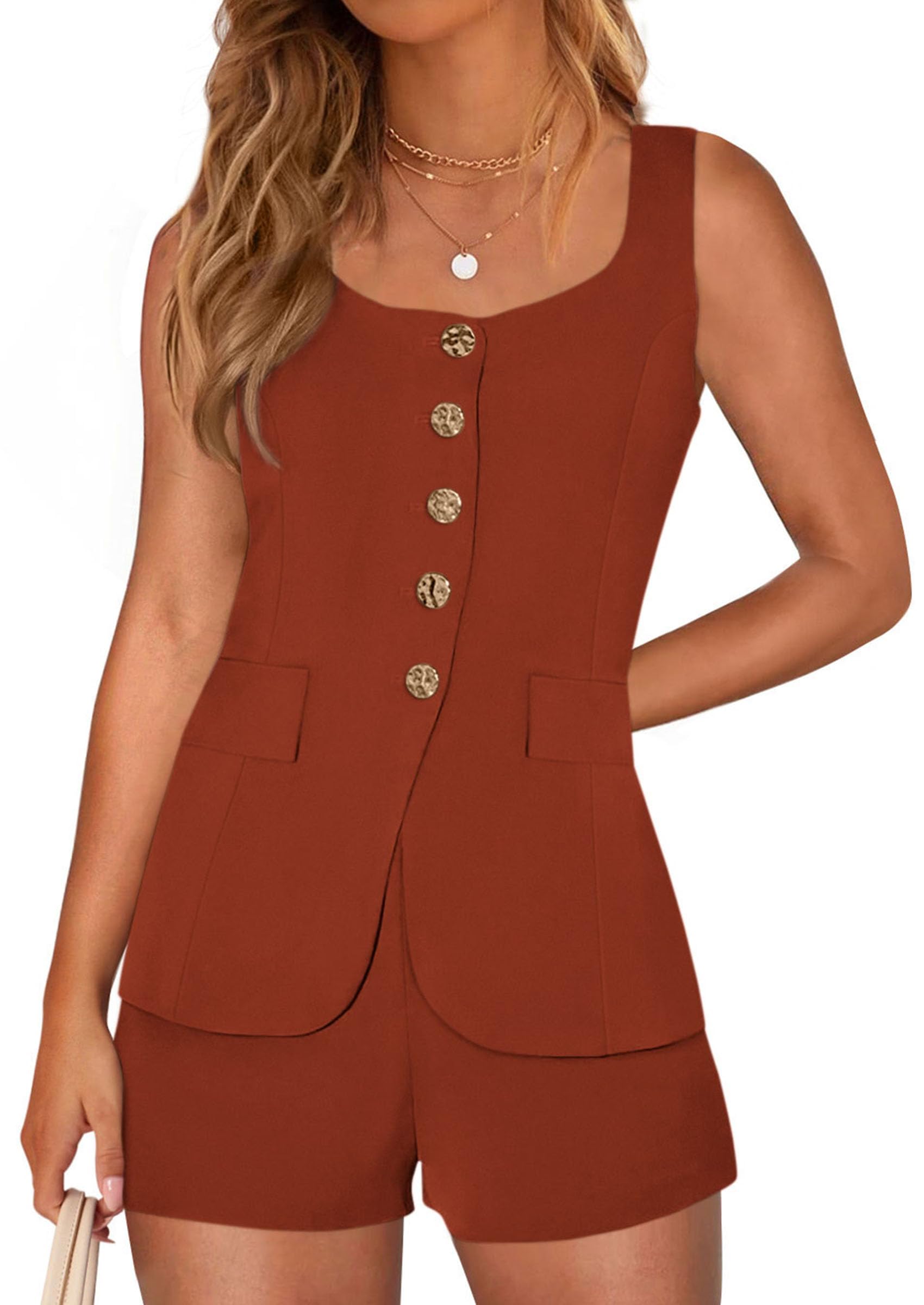 Womens Button Down 2 Piece Matching Sets,Brick Red,S