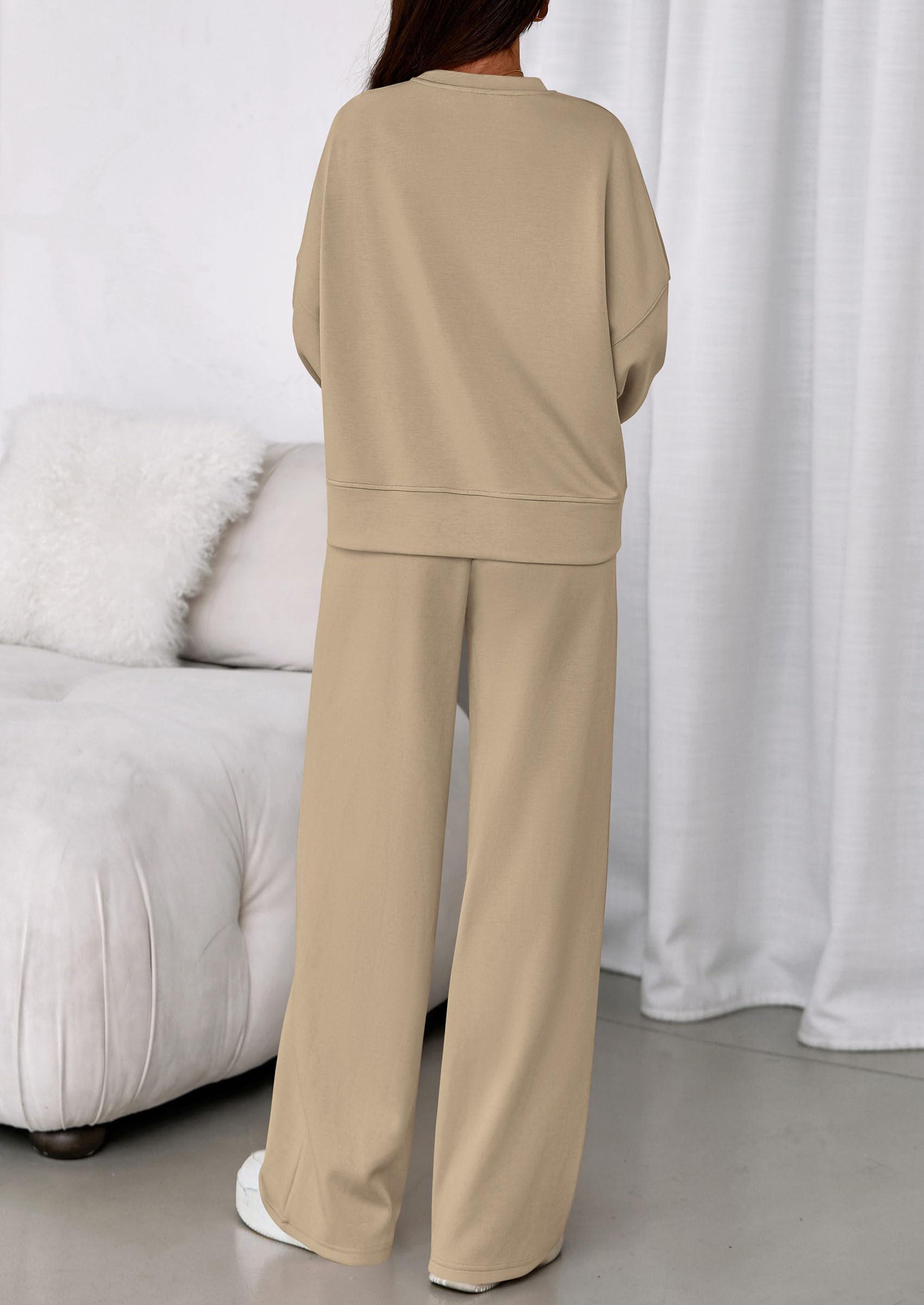 Womens Long Sleeve Sweatshirt 2 Piece Sets,Light Khaki,S