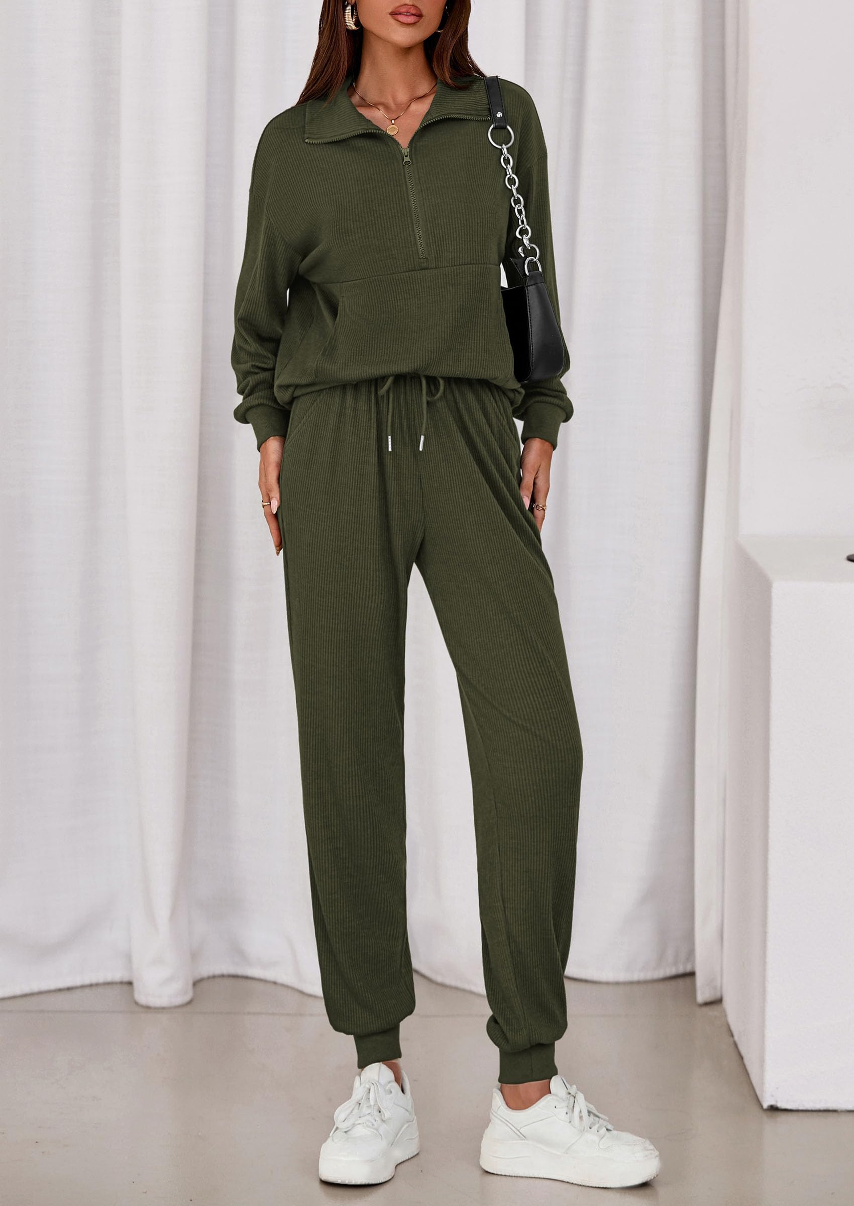 Airport Travel Outfit Women Ribbed Knit Matching Lounge Sets