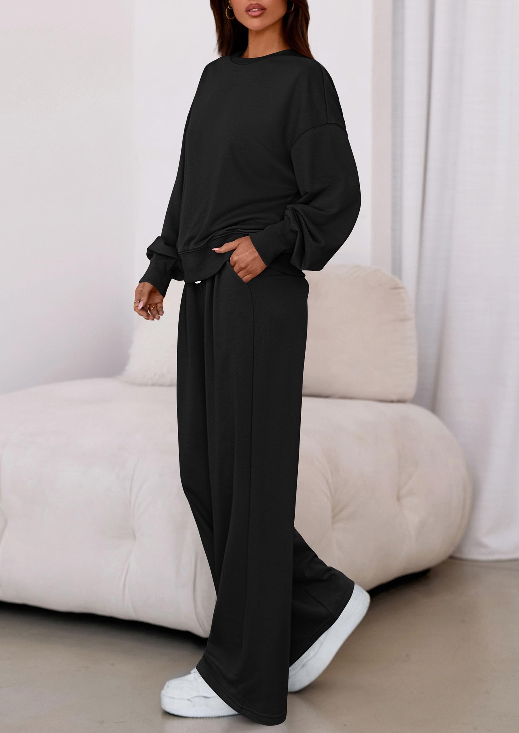 Womens Loose Fit Casual 2 Piece Lounge Set,Black,S